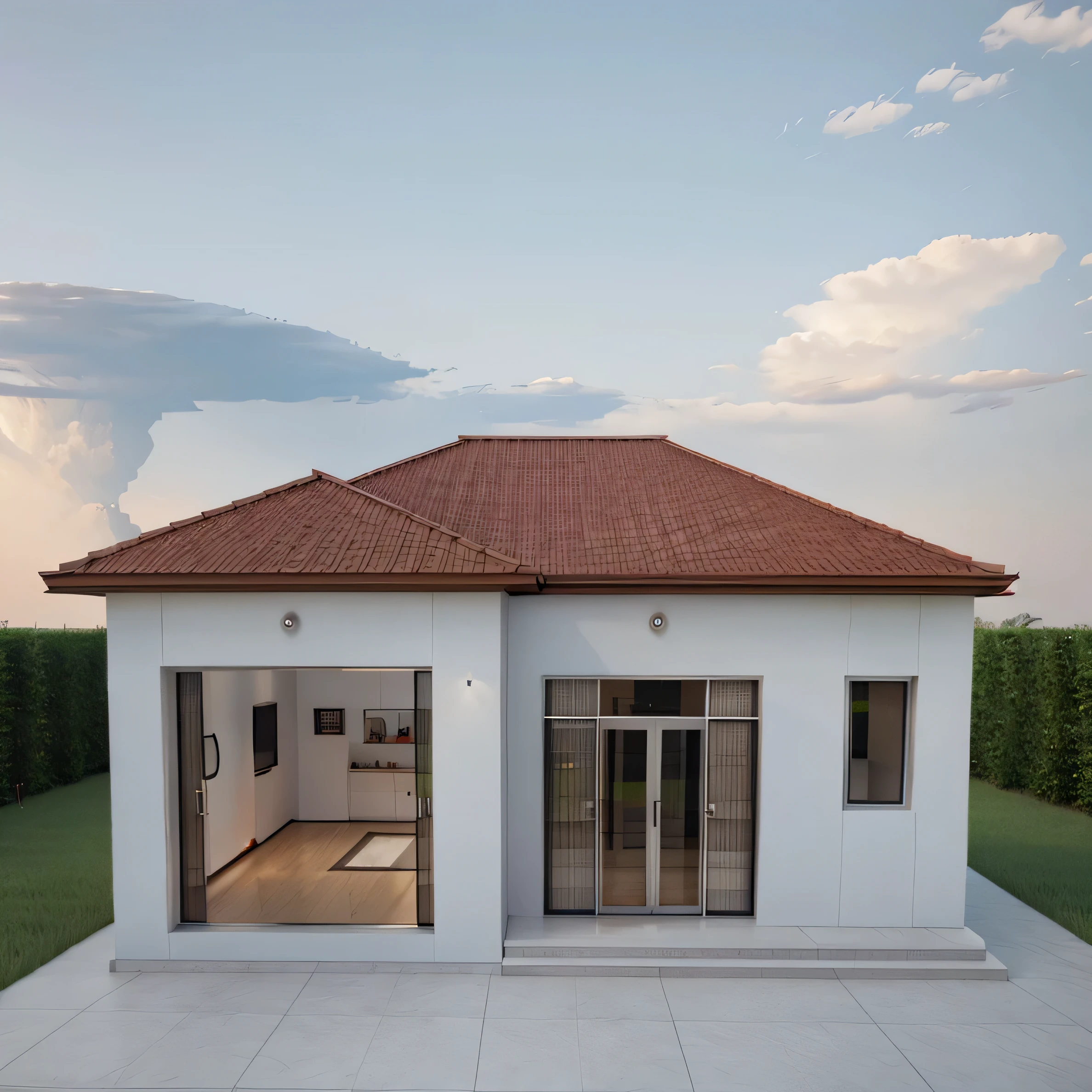 a rendering of a house with a red roof and a porch, front view, 3/4 front view, front-view, front perspective, frontview, front facing view, 3/4 view realistic, front view dramatic, all white render, complete house, wide frontal view, facing front, 256x256, 2 5 6 x 2 5 6