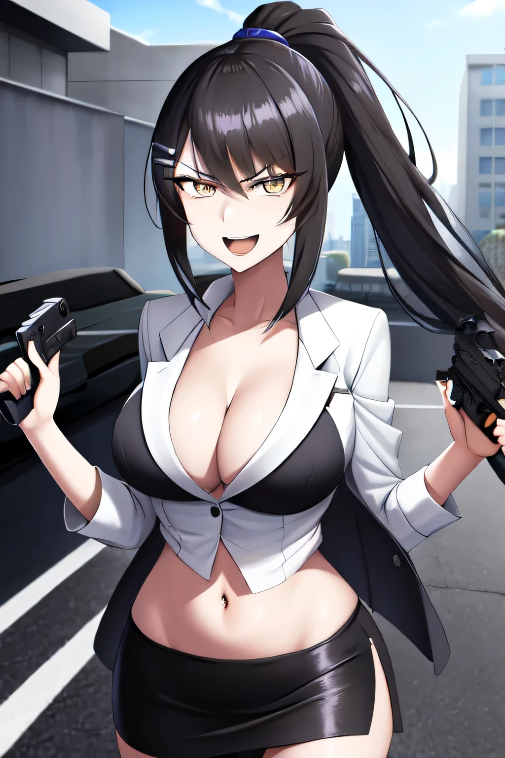 1girl, chabashira sae, high ponytail, masterpiece, best quality, highly detailed, a girls with a gun, open mouth, blazer, sexy gaze, (nsfw) not
safe for work, badass pose , evil smile, smile, black bra, anime girl with long hair, long haired girl,
navel, evil expression, exposed belly, exposed navel, exposed midriff, exposed lower belly, micro
miniskirt, micro pencil skirt, pencil skirt ,holding a gun, outdoor,street,road, navel piercing
