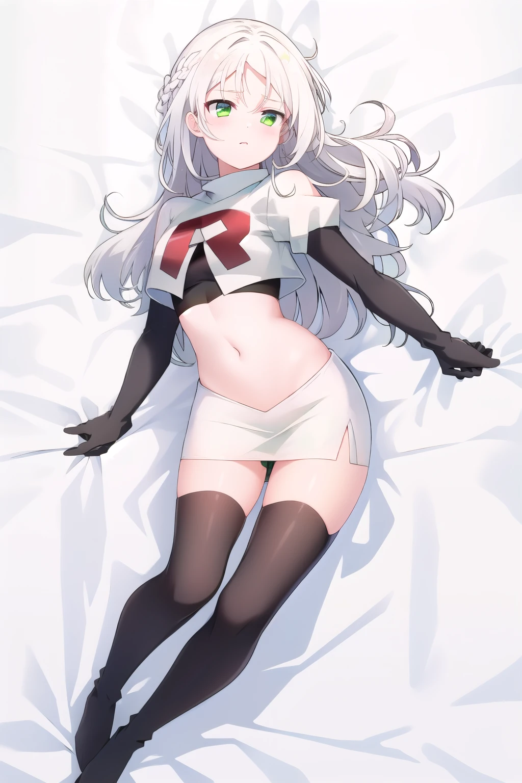 masterpiece, best quality,solo,white hair, green eyes,long hair, team rocket,team rocket uniform, red letter R, white skirt,white crop top,black thigh-highs,black elbow gloves