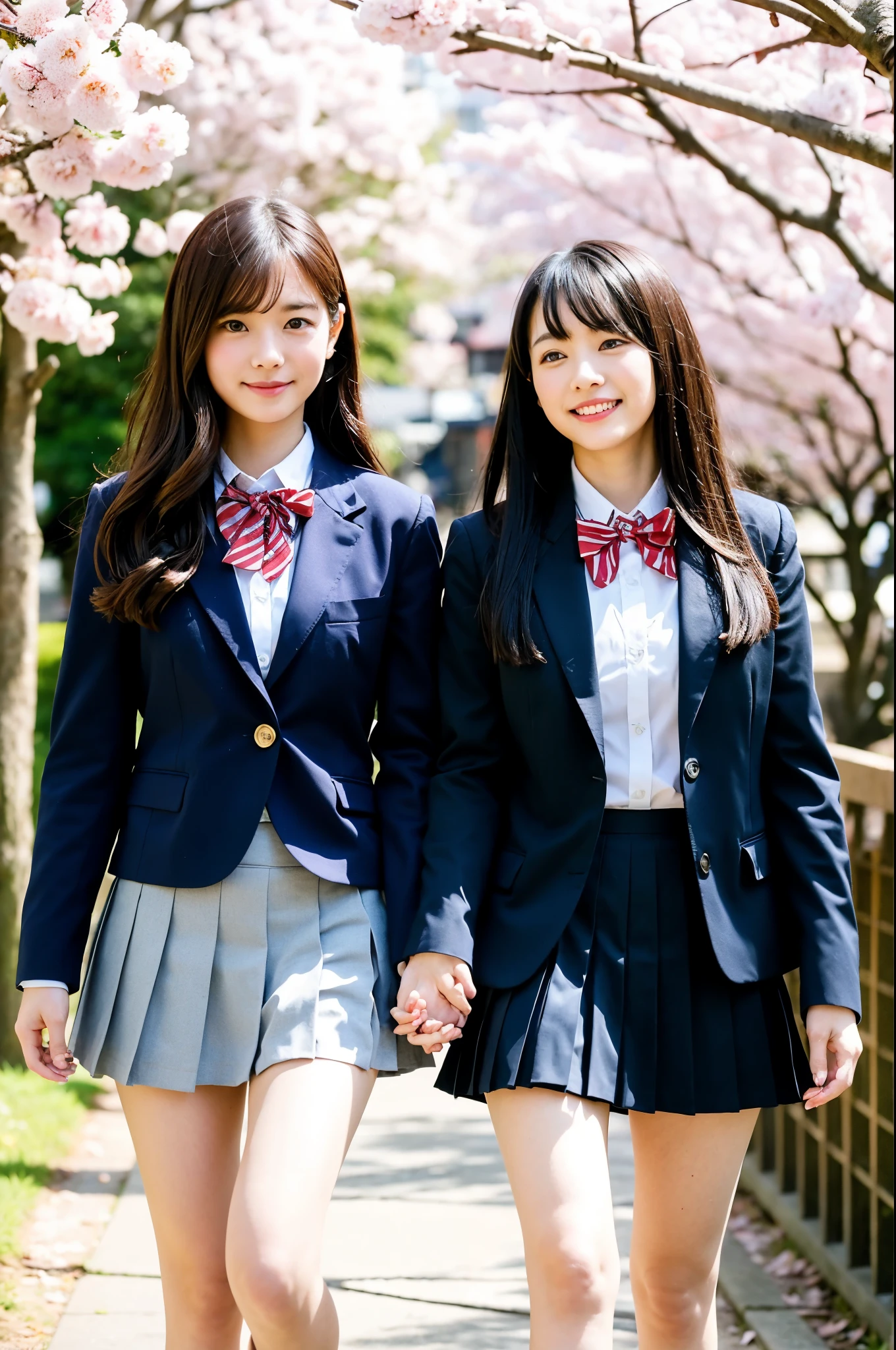2 girls walking in old-Japanese street under cherry blossoms,long-sleeved with navy blue blazer and pleated skirt,red bow tie,school bag,18-year-old,bangs,a little smile,thighs,knees,straight hair with barrette with white bow,from below,front light