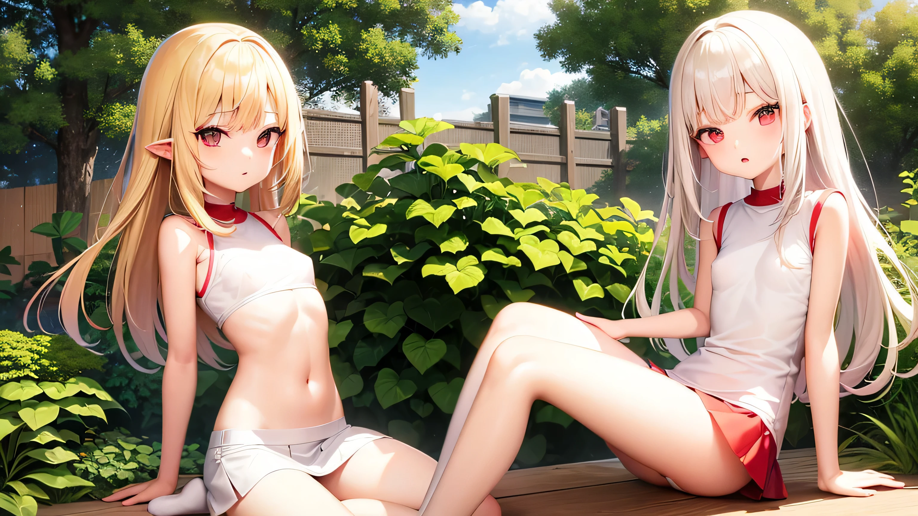 I'm 、blonde、medium long hair、red eyes、two cute girls、alone、and soul、white t-shirt、mini skirt、white panties、prominent nipples、透き通るwhite skin、white skin、beautiful skin、beautiful feet、slim legs、garden、sit on top