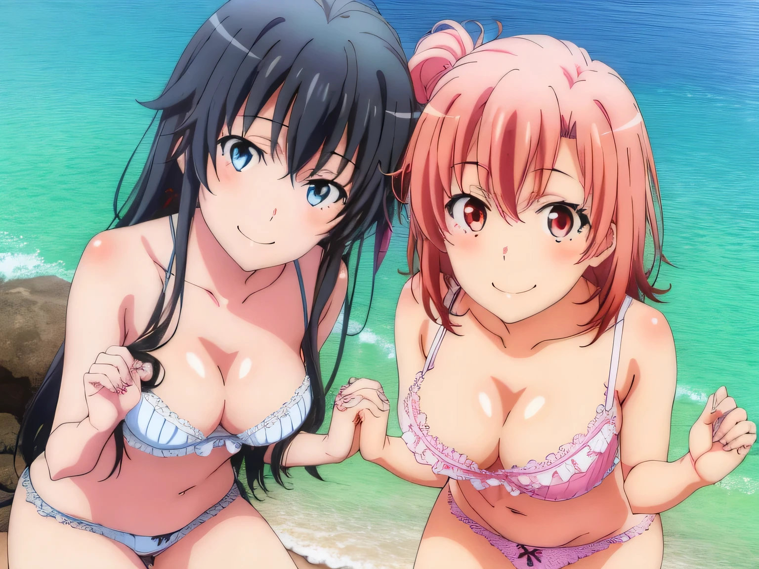 2 girls , Yukinoshita Yukino , yuigahama yui&#39;bust and thighs are great,In underwear,Ocean,squat forward,silk good,belly button,white panties,pink panties,thighs,knee calf,hold the calf with both hands,raise your legs,(high angle),(beautiful eyes),smile,Insert your head