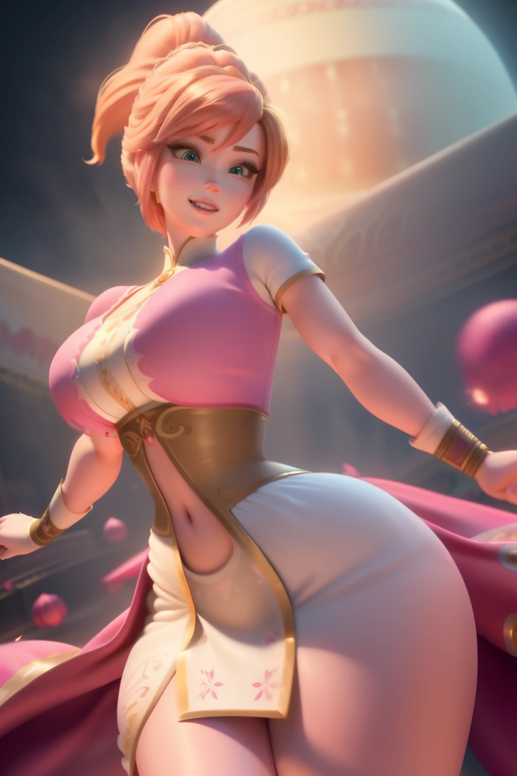 pnkdamond, pink hair, pink eyes, big hair, stomach gem, pink skin, toned,
puffy short sleeves, elbow gloves , white thighhighs, puffy dress,
standing, upper body,
outerspace,
(insanely detailed, beautiful detailed face,beautiful detailed eyes, masterpiece, best quality) cinematic lighting, smile,