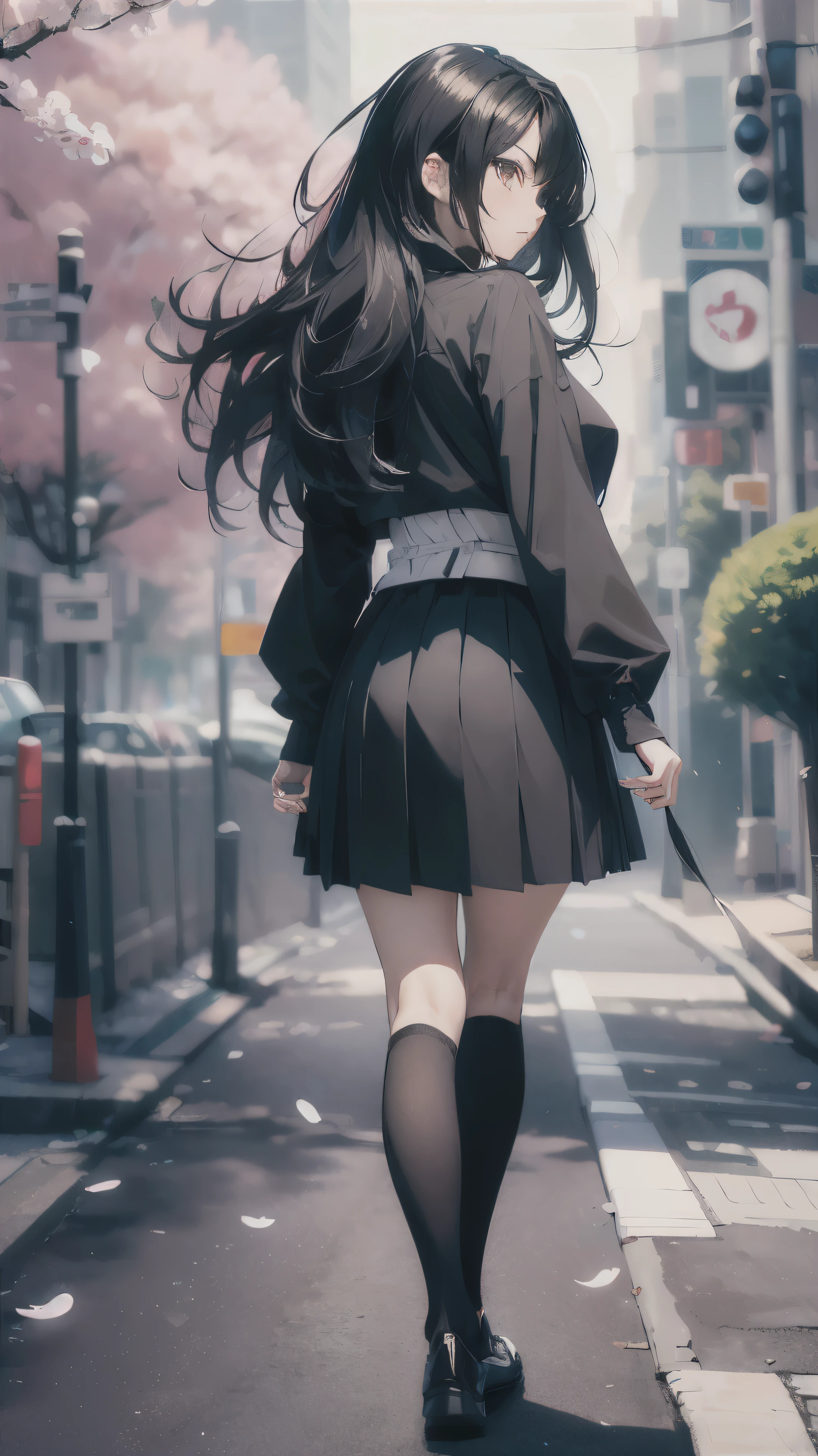 ((best quality)), ((masterpiece)), (detailed), (High contrast natural side daylight, dynamic lighting, movie lighting),
(((Turn your back to the camera))), whole body, 1 girl, Rear view, ((Japanese)), perfect body structure, Sexy body shape, Fair and glowing skin, Long hair fluttering in the wind, (((extra long:1.6)))black curly hair, ((Delicate hair:1.8)), Slender and natural legs, (perfect feet繪畫品質:1.2), (Exquisite finger painting quality:1.2), Cute back and side, long eye hair, thin eyebrows, dark brown eyes,
((symmetrical clothes, uniform, white collar shirt, Black pleated student skirt,dark stockings, Dark student shoes)) , perfect feet, (Beautiful scenery), (outdoor breeze), Quiet Japanese city wide street, spring morning, ((Cherry blossoms)), whole body影像, ((perfect composition, golden section)), Prominent theme, (((eye level photography:1))), (Detailed depiction of environmental details:1.5), Depth of field control, ((Reduce color saturation slightly:0.9)),