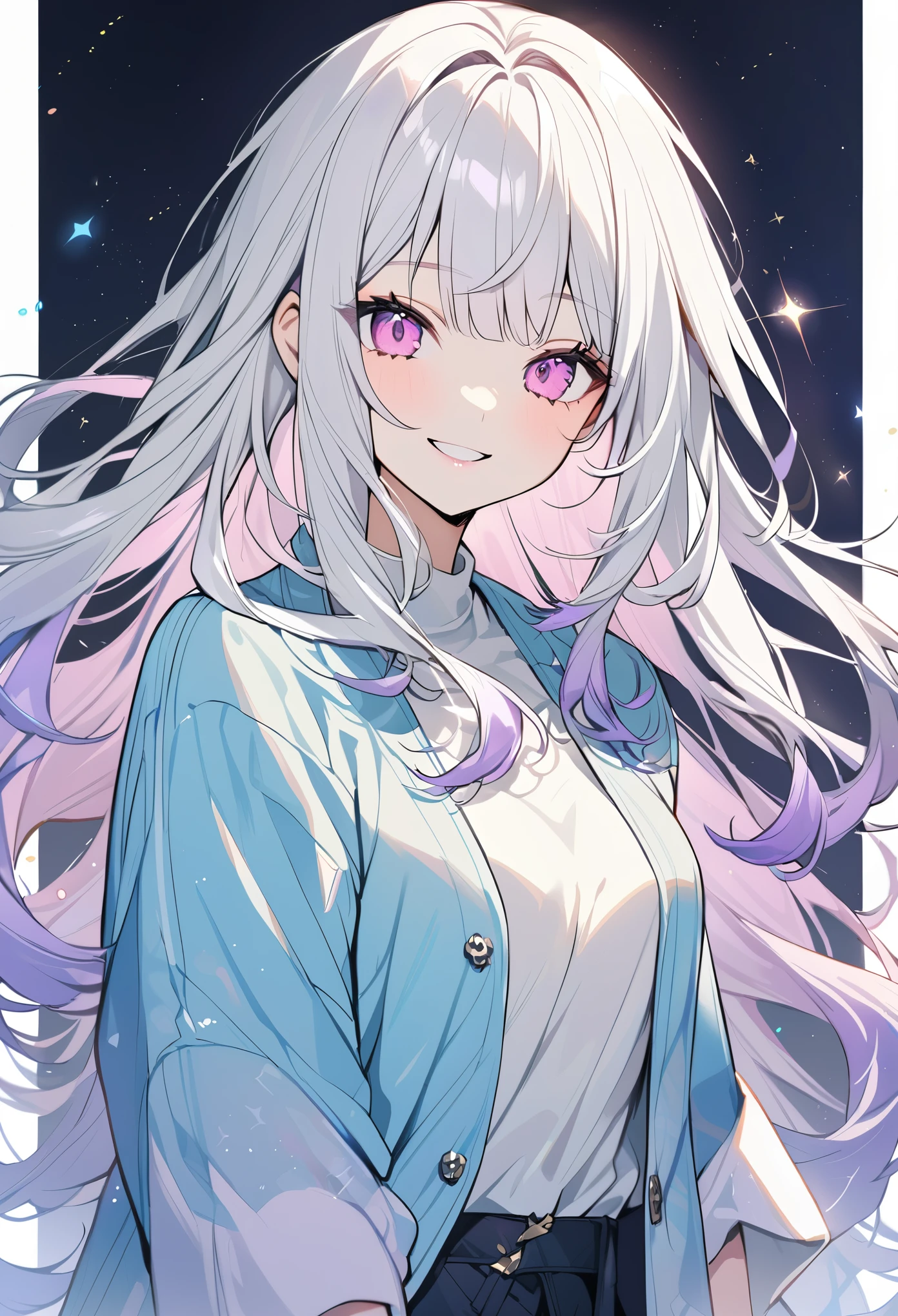 1 female, solo, long length hair, pastel hair, white hair with a twinkling dark purple ombre, with bangs, pink eyes, white clothes, blue jacket, smile facial, beautiful.