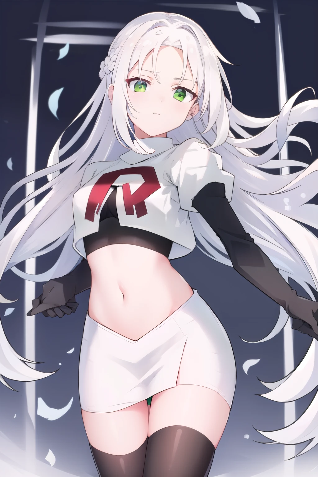 masterpiece, best quality,solo,white hair, green eyes,long hair, team rocket,team rocket uniform, red letter R, white skirt,white crop top,black thigh-highs,black elbow gloves
