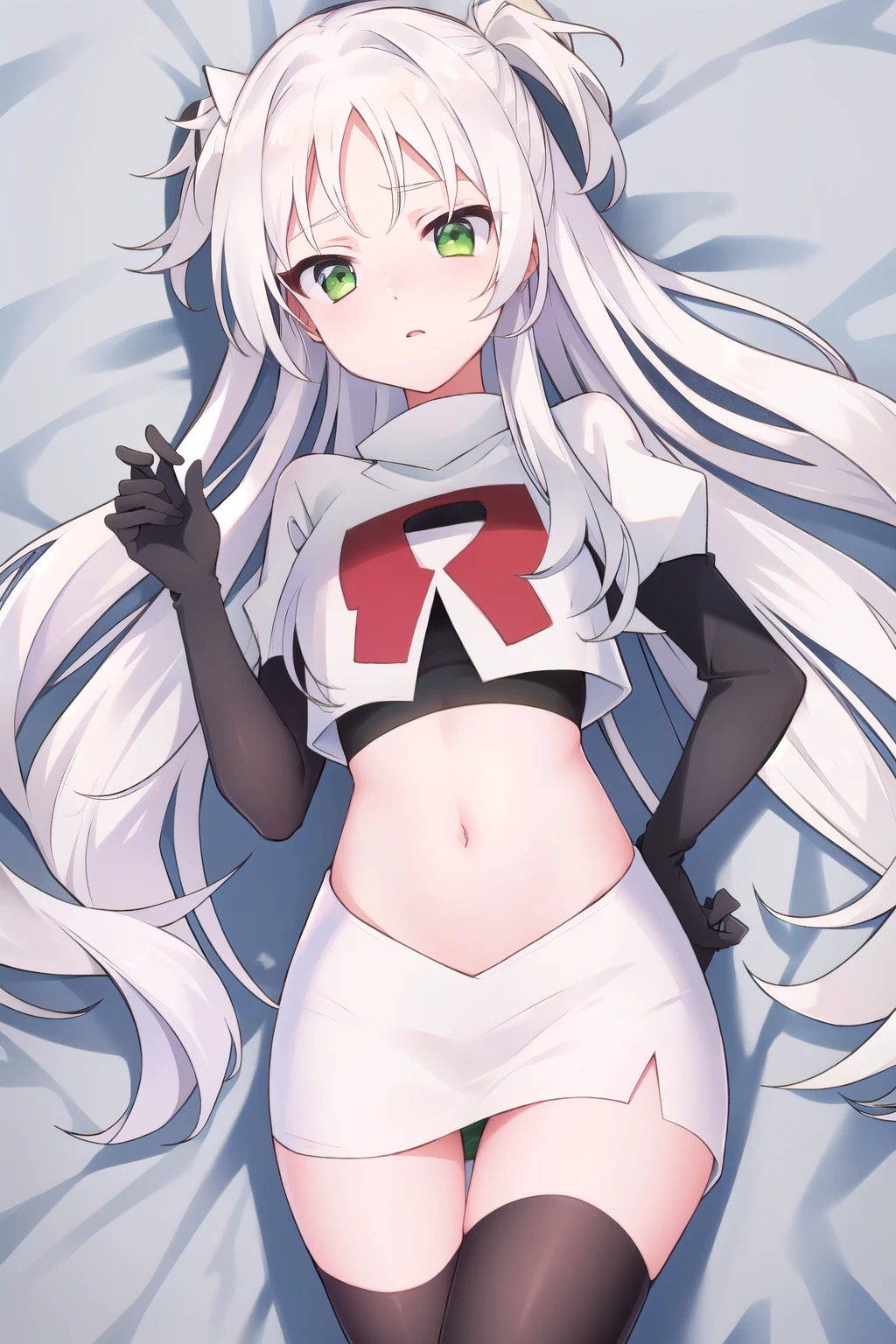 masterpiece, best quality,solo,white hair, green eyes,long hair, team rocket,team rocket uniform, red letter R, white skirt,white crop top,black thigh-highs,black elbow gloves