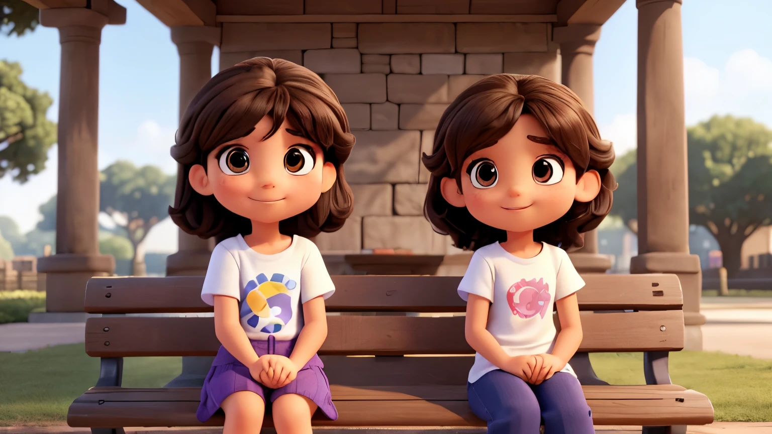 Create in detail two adorable 3D characters in Disney Pixar style. Both are sitting on a bench in the schoolyard, sharing a laugh while enjoying sandwiches and soft drinks.
The first is a with wavy black hair, dark brown eyes and white skin. She is wearing navy blue pants, a white T-shirt and purple sneakers.
The second girl, also 10 years old, han hair, light brown eyes and white skin. She has large, thin eyebrows and is wearing navy blue shorts, a white T-shirt and pink sneakers.