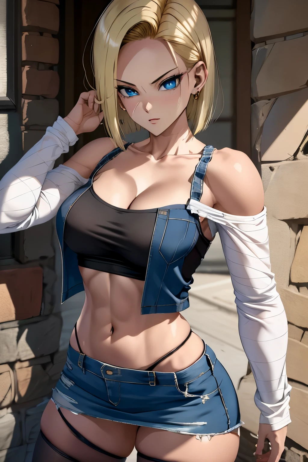 best quality, highres, and18, 1girl, android 18, solo, blonde hair, blue eyes, short hair, earrings, jewelry, denim vest, open vest, black pantyhose, black shirt, denim skirt, striped long sleeves, blue skirt, medium breasts, cowboy shot, street, off-the-shoulder, Strapless, 29 years old. piernas fuertes. pechos grandes, 