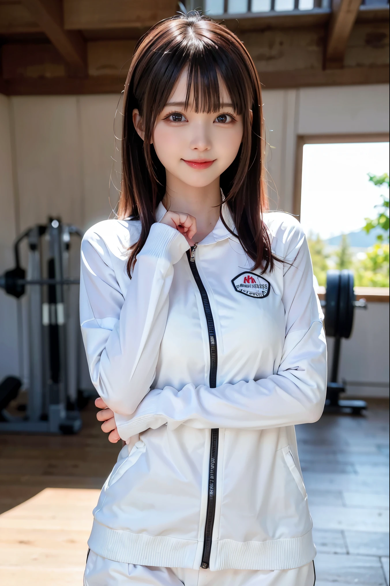 (Gravure photography,professional photos:1.5)NSFW,((highest quality, 8K, masterpiece)), Super detailed, sharp focus, (1 cute girl), 15 years, ((Gym suit:1.2),hide your hands and arms behind your body,((beautiful breasts)), Highly detailed face and skin texture, (((緻密でbeautiful eyes))), (((beautiful eyes:1.4))), (brown hair,long hair,straight hair,bangs), (smile:1.15), (closed mouth), (round face),,(white skin:1.4)、,summer sunshine,