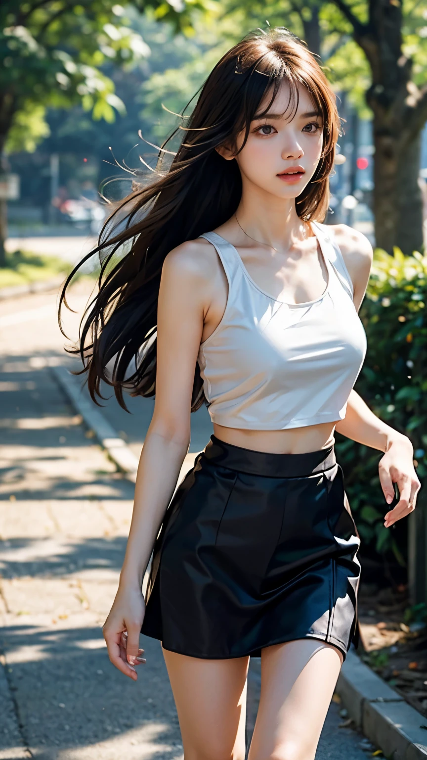 blonde black hair colours, Straight straight hair, hair bang, ribbon hair pin, ideal big tits, bare shoulder, cropped tank top, short skirt, white skin, silky skin, tree jogging track blurred background, half body portrait,cinematic lighting