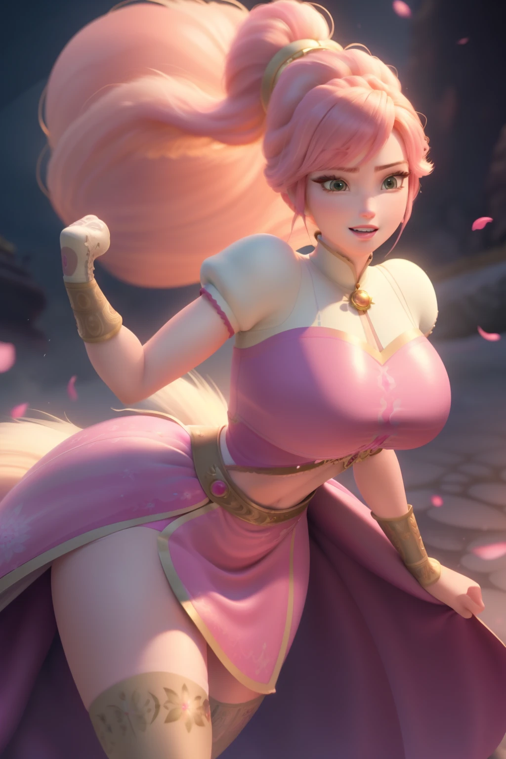 pnkdamond, pink hair, pink eyes, big hair, stomach gem, pink skin, toned,
puffy short sleeves, elbow gloves , white thighhighs, puffy dress,
standing, upper body,
outerspace,
(insanely detailed, beautiful detailed face,beautiful detailed eyes, masterpiece, best quality) cinematic lighting, smile,