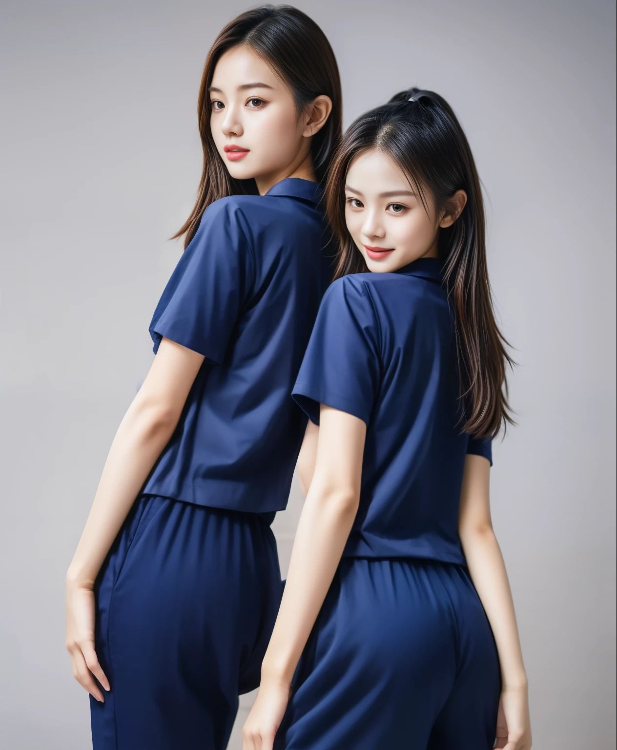 (best quality,10,10,height,Masterpiece:1.2),Special details,(realistic,ภาพrealistic,Realistic photos:1.37),1 Cute girl in the kitchen,shiny, ผิวshiny,only,smile softly,BDclothelue shirt:1.3)),short sleeve,shirt, กางเกงขาlong.,(navy_long_track pants:1.1), ((Kitchen Background)),Dynamic angle,excited,Face focus,dynamic poses,from behind,focus on ass,Masterpiece, best quality, ultra realistic, Too many details, 8k resolution, raw photos, Sharp focus, ((Navy blue shirt:1.1)), short sleeve, เส้นทางlong, perfect body, 2 mature women, 18 years old, Cinema-grade lighting system,blue sweatpants,shirtผ้าออกกำลังกาย,correct anatomy,perfect body, correct body, Sharp face, correct bodyทางกายวิภาค, full body, realistic gestures, long-haired, realistic poses,Wear long shorts...........................,ช่วงขาlong,Good shape,carved girl, Slender figure, model, Good shape, beautiful body,blue sweatpants, two girls kissing
