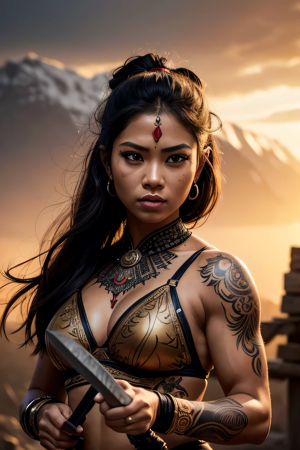 (best quality,4k,8k,highres,masterpiece:1.2),ultra-detailed,(realistic,photorealistic,photo-realistic:1.37),Indonesian Woman warrior in war,strong,brave,defensive,agile,stellar,beautiful detailed eyes,beautiful detailed lips,extremely detailed eyes and face,long eyelashes,elaborate traditional warrior attire,chiseled muscles,holding a sharp bladed weapon,covered in intricate tattoos,determinated expression,sunset lighting,with fire blazing in the background,artistic digital painting,dominant warm colors,contrasting light and shadows.