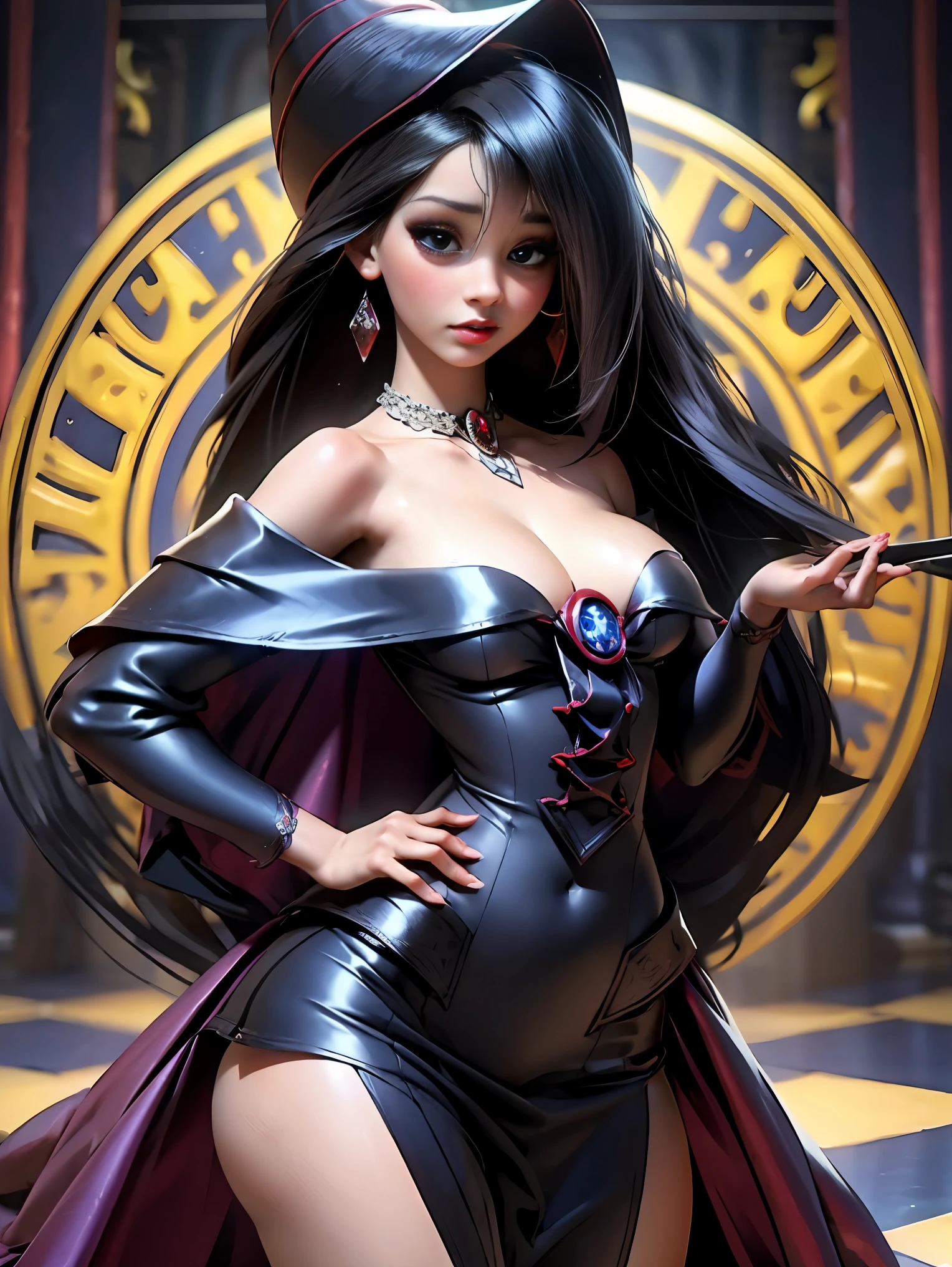 Dark magician gils con vestido de gala color Negro. Ella usa tacones rojos, tiene aretes. Usa collares. Cabello rubio y largo. Ojos azules. Labios rojos. Pose sensual y sujestiva. Fondo de Castillo