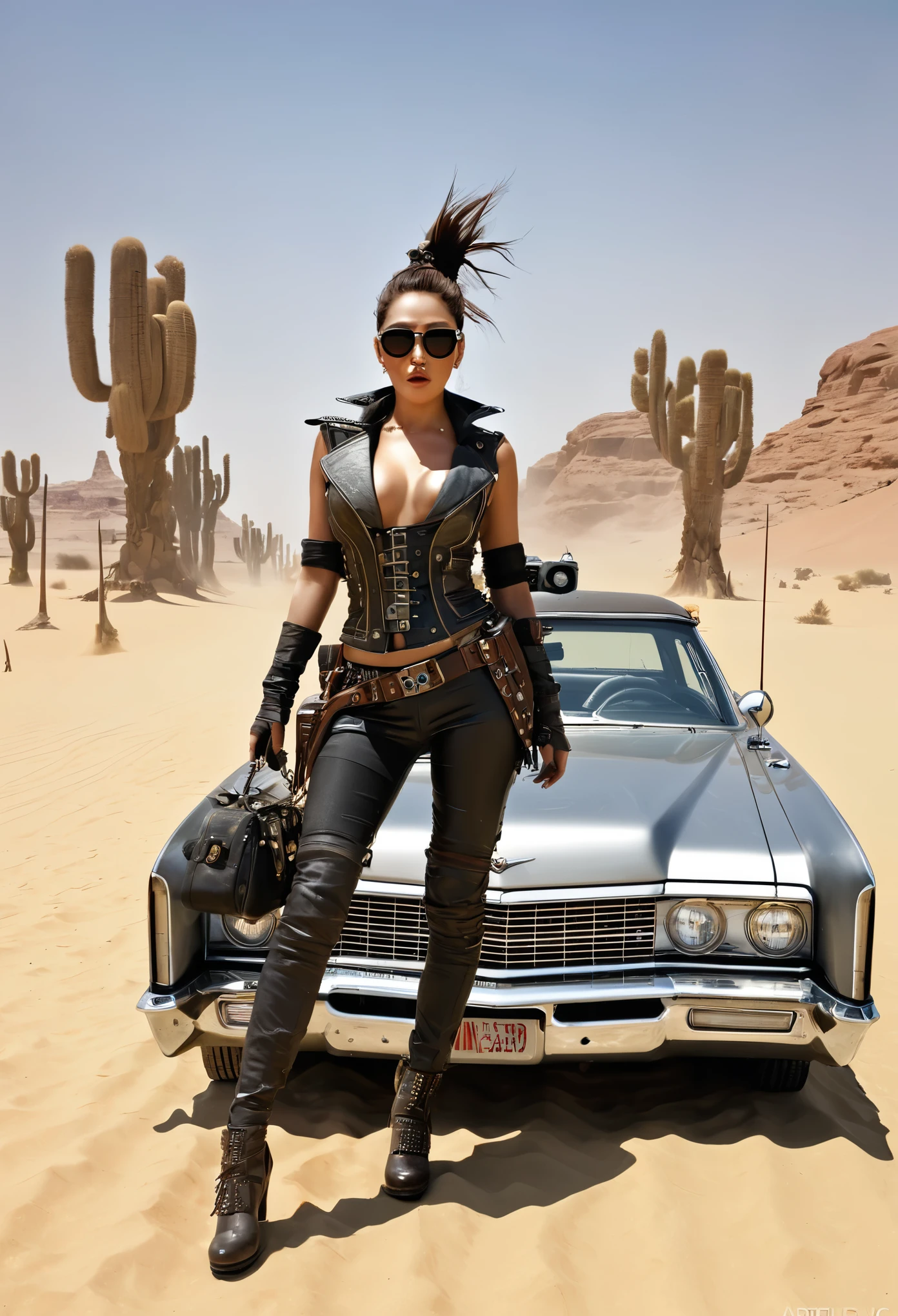 faithful image of an old rusty 1955 cadilac eldorado with spikes and crussifixos on the hood, military style with modifications, he is running on the sand in the sahara desert, carro steampunk, dramatic art, estilo de arte dieselpunk, apocalyptic road warrior vibe, a girl wearing sunglasses is inside the car, arte digital surrealista, Mad Max inspirado, heavy metallic artwork, simetria da face cromada, arte steampunk digital, no estilo Mad Max, metallic art, not art style by Filip Hodas, arte digital steampunk, dieselpunk, em um mundo hightech, foto diagonal
