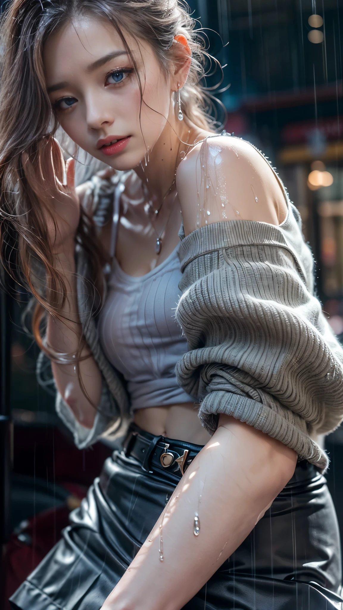 (RAW shooting, Photoreal:1.5, 8K, highest quality, masterpiece, ultra high resolution), perfect dynamic composition:1.2, Night street corner of a modern city, expression of sadness:0.5, (((Typhoon heavy rain))), Highly detailed skin and facial textures:1.2, Slim office lady wet in the rain:1.3, sexy beauty:1.1, perfect style:1.2, beautiful and aesthetic:1.1, Fair skin, very beautiful face, water droplets on the skin, (rain drips all over my body:1.2, wet body, wet hair:1.4, wet skirt:1.2, wet tank top:1.3), belt, (Medium chest, Bra is transparent, Chest gap), (cry, lovelorn, The expression on your face when you feel intense caress, Facial expression when feeling pleasure), (beautiful blue eyes, Eyes that feel beautiful eros:0.8), (Too erotic:0.9, Bewitching:0.9), cowboy shot, Shoulder bag, necklace, earrings, bracelet, clock
