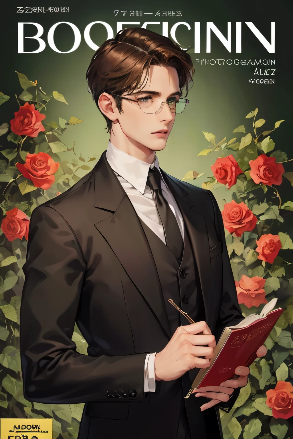 cover for a book, photography of a sexy botanist man, a solo man, (((man))), (masculine face), 25 years old, professor, big bad boy, eye glasses (green eyes), expressive look, buzz cut brown hair, (((dark background))), shine hair, unshaven, teacher suit, holding roses, super detailed face, perfect body, perfect shapes, realistic image, award winning photography, 8k,
