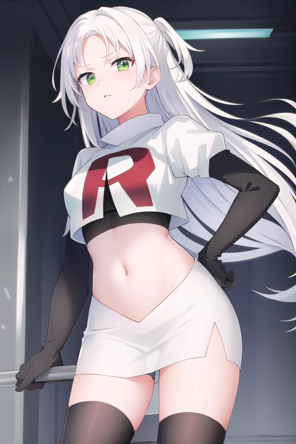 masterpiece, best quality,solo,white hair, green eyes,long hair, team rocket,team rocket uniform, red letter R, white skirt,white crop top,black thigh-highs,black elbow gloves