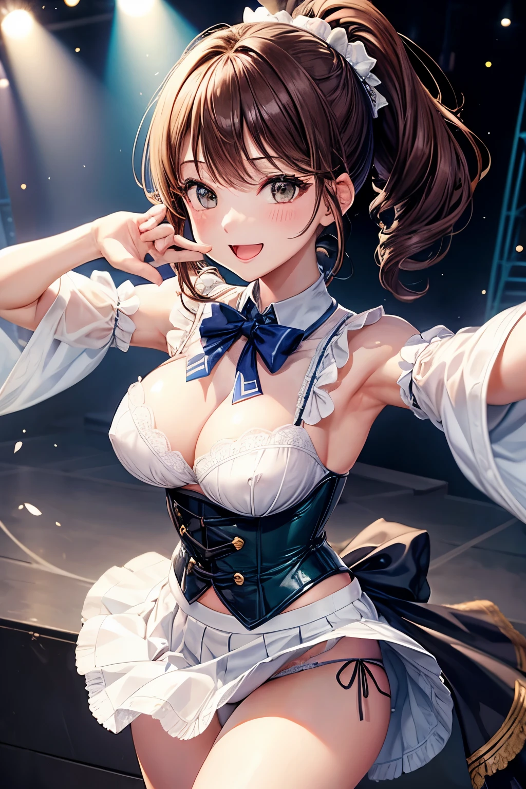 highest quality、All limbs、full finger、Slender beauty、ponytail、brown hair, green, white and navy idol costume、navy blue corset, That costume has a navy blue ribbon on the collar.、The costume covers the shoulders and arms, high socks、beautiful big breasts、live stage、sing、holding a microphone, dancing、big smile、(white side-tie lacy panties:1.1), skirt lift, show off panties, (shirt lift:0.5), (show off bra:0.95), (white lacy bra:0.97), (erect nipples:0.9)