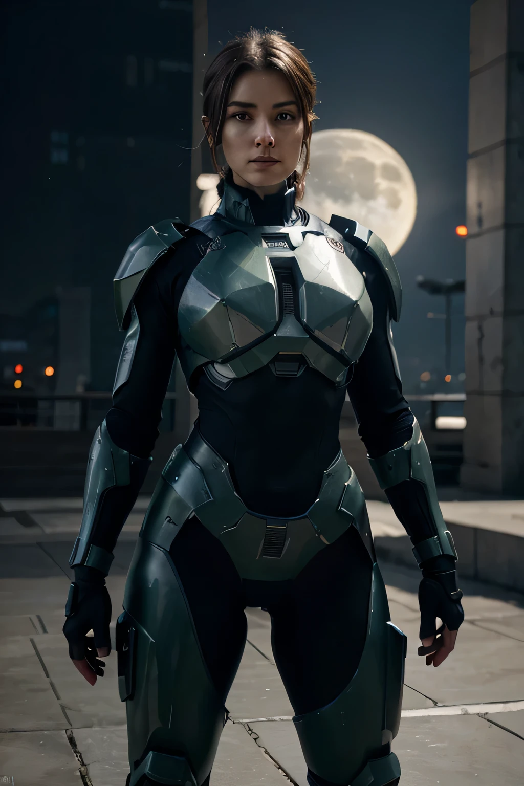 (masterpiece), super realistic, human, detailed, with perfect skin, Front vision of a Human in a Wearable militar ExoSkeleton inspired master chief halo game, with near Cortana and behind a vision of the full big moon, 4k, perfect details, perfect arms, perfect legs, stand in front of the camera, the lights are soft, reflection on the armor with traces of blood