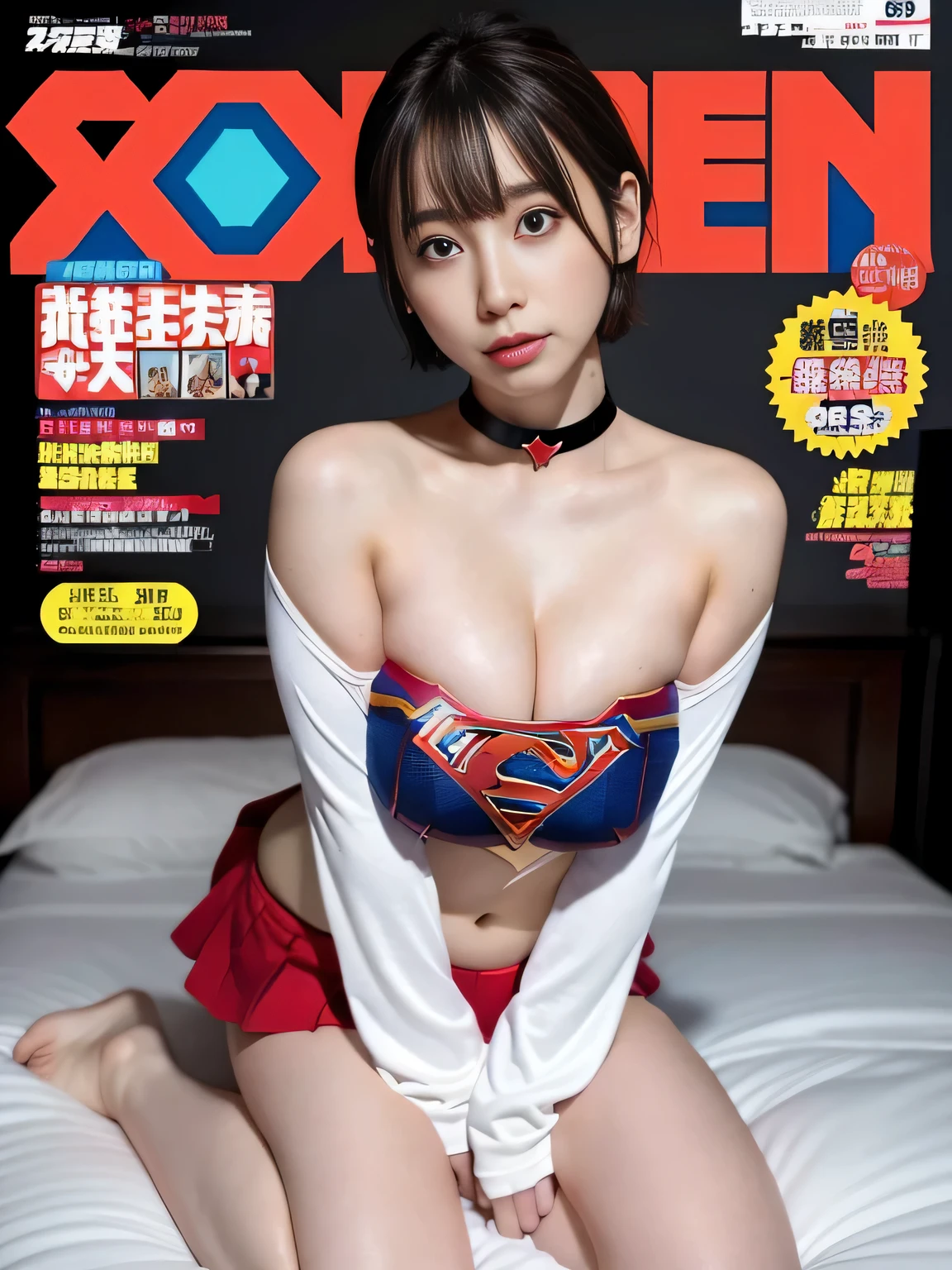 masterpiece、supergirl costume、short hair、barefoot、big and full breasts、Bedroom、exercise on bed、sexy pose、athlete、shiny、looking at camera、Seduce、choker、long sleeve、red mini skirt、Weekly magazine cover、Sculpture Magazines、sweaty、radical、