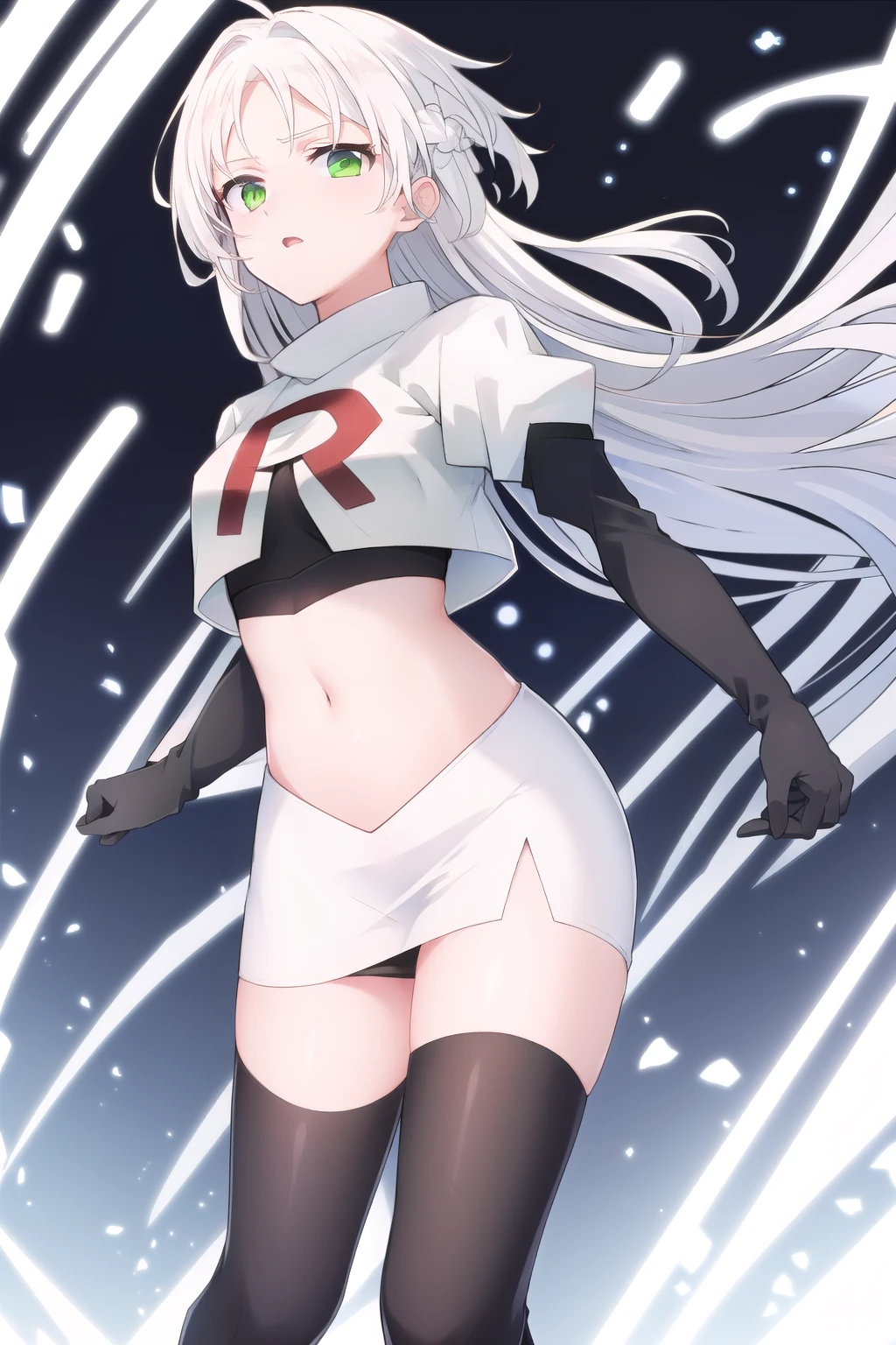 masterpiece, best quality,solo,white hair, green eyes,long hair, team rocket,team rocket uniform, red letter R, white skirt,white crop top,black thigh-highs,black elbow gloves