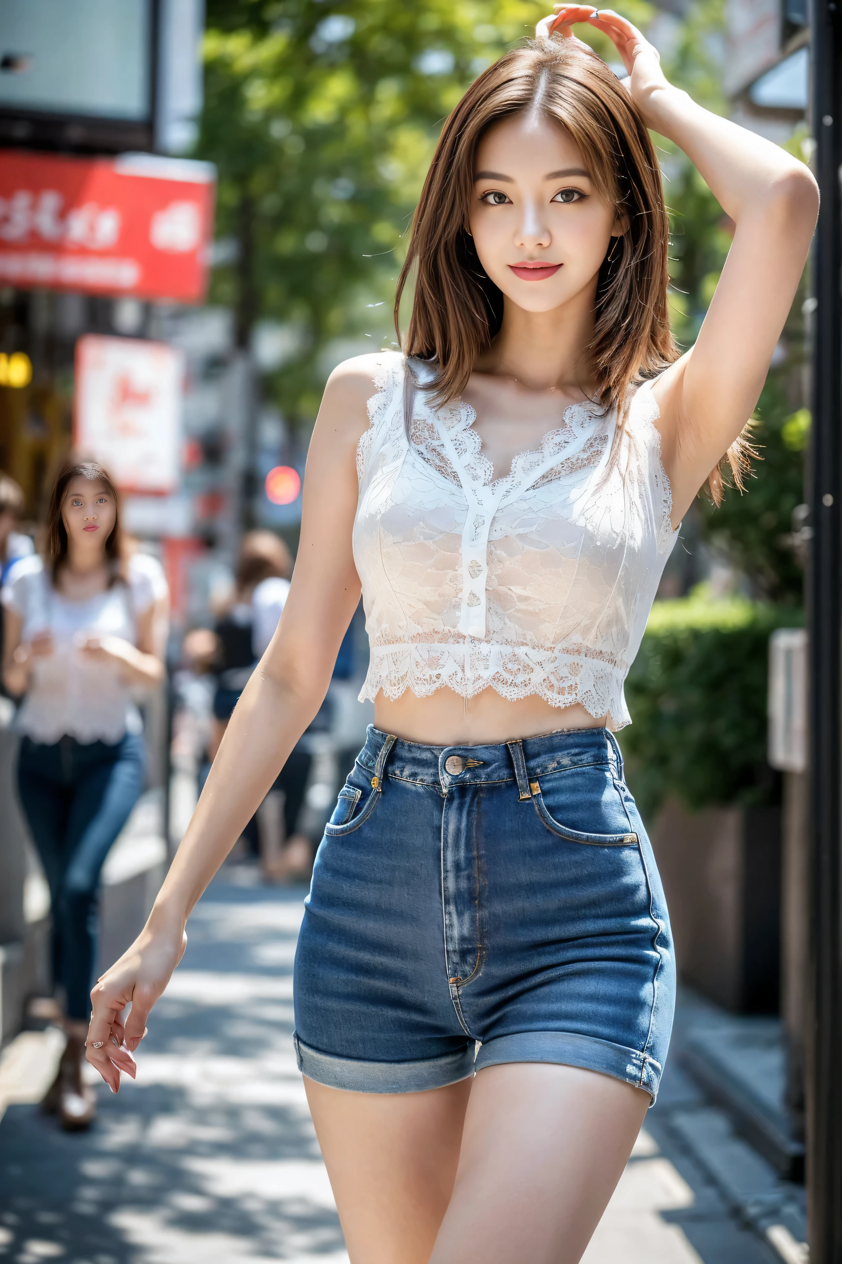 ((Realistic lighting, best quality, 8K, masterpiece:1.3)), (lock focus:1.2), (2 girls),(Beautiful woman with perfect body:1.4), :2 Korean beauties, K-pop idol，Leg length，(pale skin), (big eyes),（Smile：0.8），（plump sexy lips）， Complex and detailed face, ((Skin is super delicate))，delicate face，Super face slimming，narrow eyes，double eyelids，((Dark brown hair)), (white lace underwear:1.4）,Background Shibuya streets，emphasize，Super face slimming，narrow eyes，double eyelids，（start from below：1.attitude，（medium bust：1.2），Sexy long legs， （Thigh clearance：1.5），wide hips，S-shaped body，Vest line， Hips raised，Leg length，skinny denim trousers，Shot from the front，Over-the-knee leather boots，