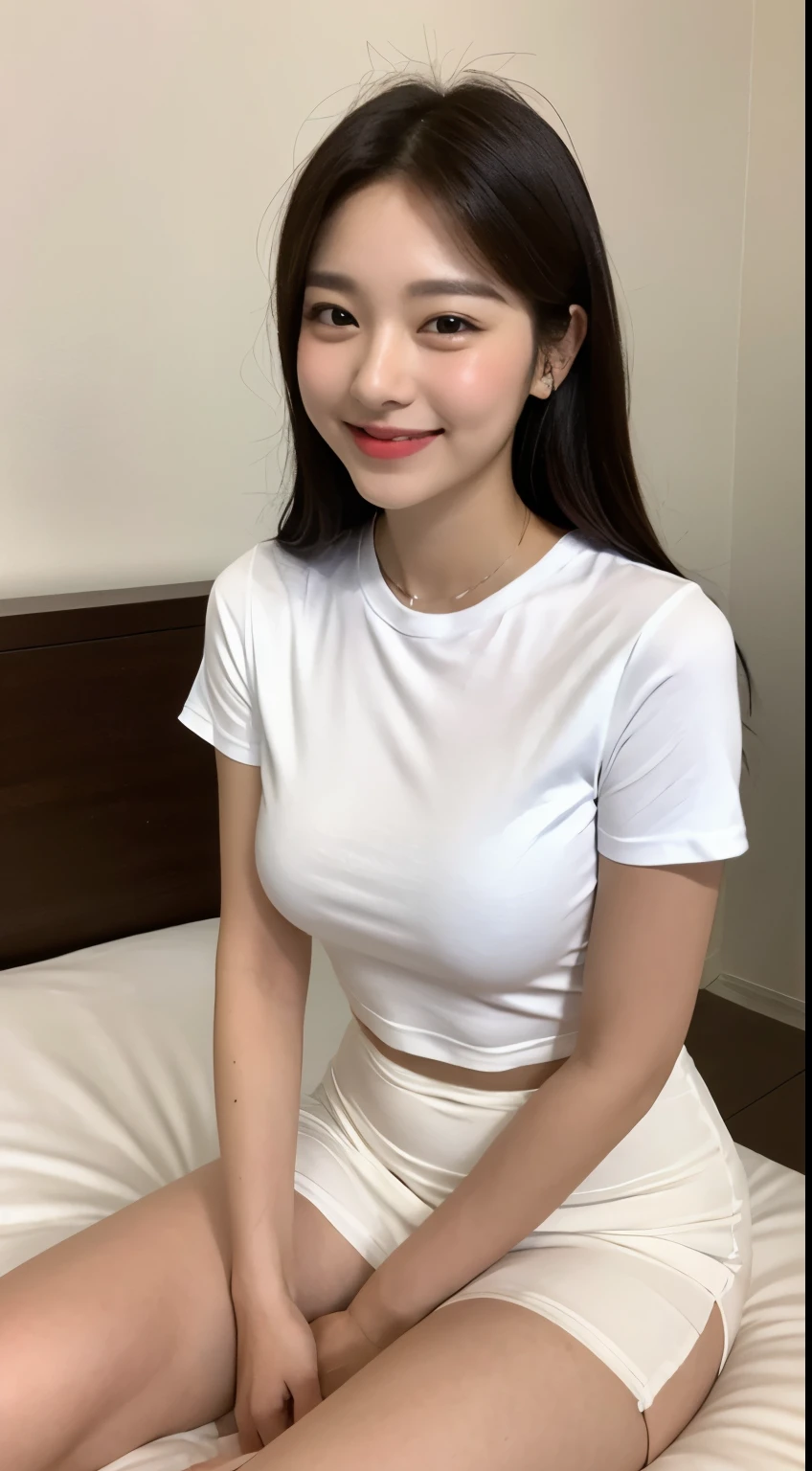 white tight shirt、white tight mini skirt、bed、smile、short sleeve、high resolution、Korean idol face