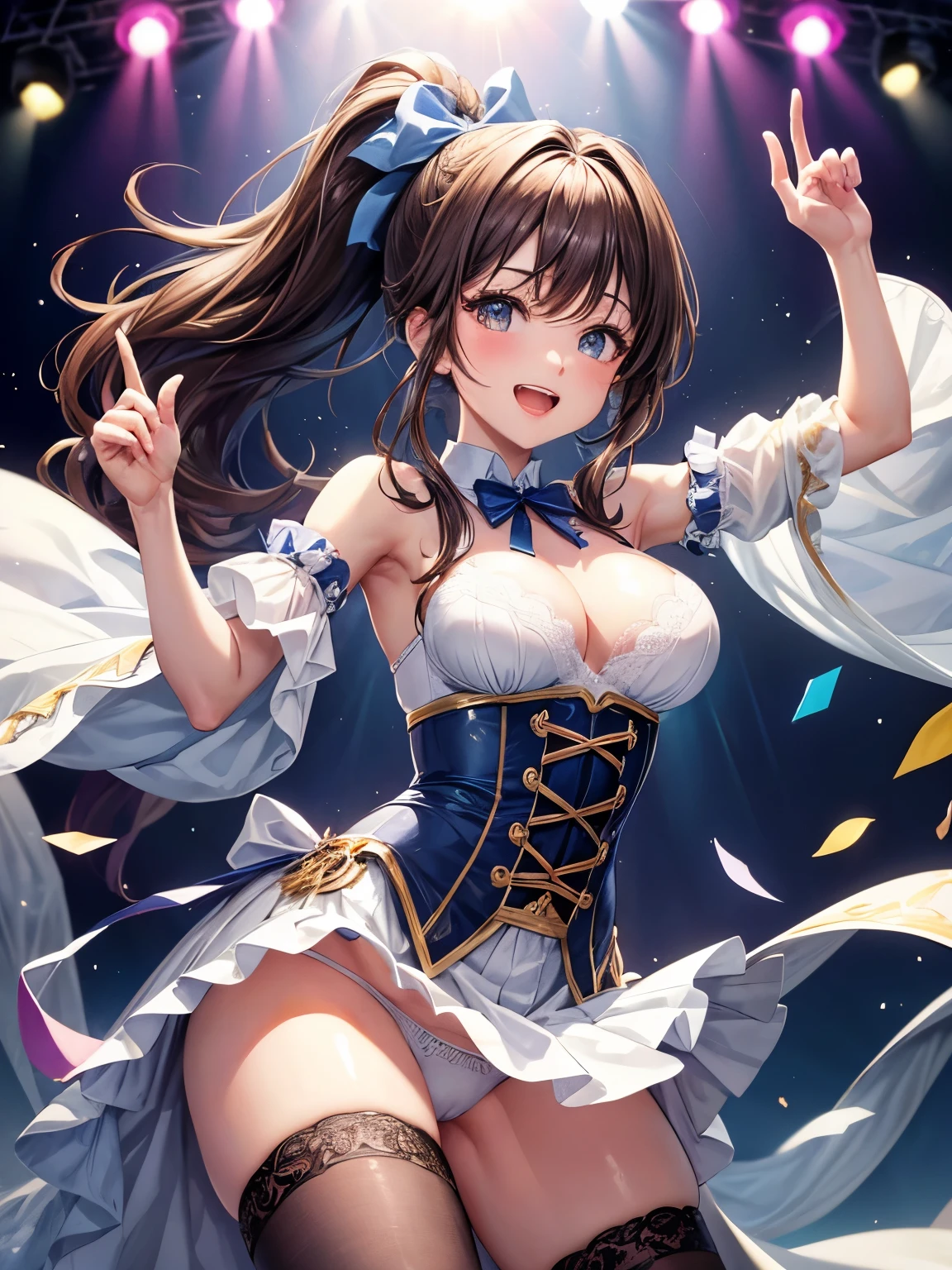highest quality、All limbs、full finger、Slender beauty、ponytail、brown hair, green, white and navy idol costume、That costume includes a navy blue idol-style corset., That costume has a navy blue ribbon on the collar.、The costume is on the shoulders and underarms.、Covers the upper arms and arms, That costume only opens wide at the chest.、high socks、beautiful big breasts、live stage、sing、holding a microphone, dancing、big smile、(white side-tie lacy panties:1.1), skirt lift, show off panties, (shirt lift:0.7), (show off bra:0.95), (white lacy bra:0.97), (erect nipples:0.9)