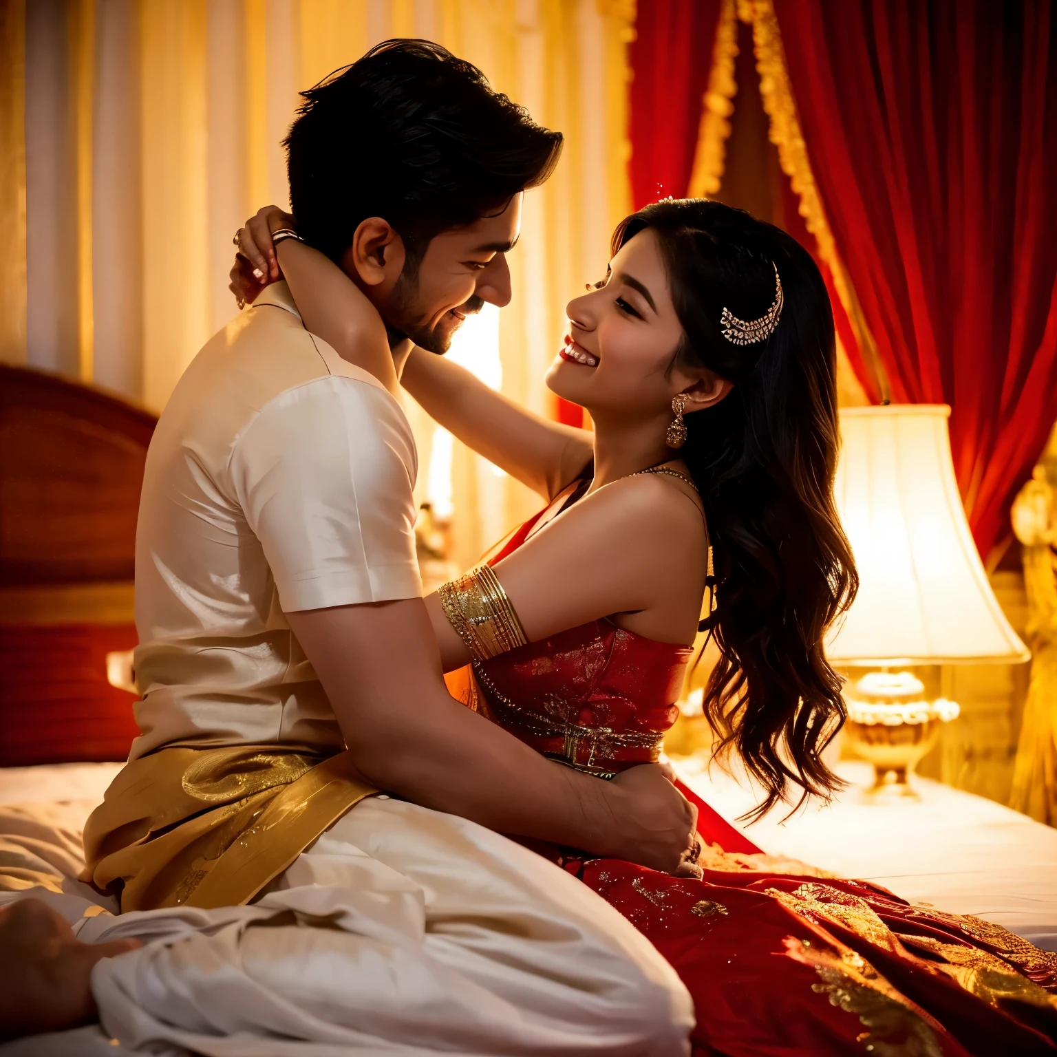 Newlyweds embrace in a tender kiss, seated on a luxurious bed adorned with silk sheets. The bride, dressed in a resplendent lehenga, gazes lovingly into her partner's eyes, their affectionate moment captured in a timeless embrace