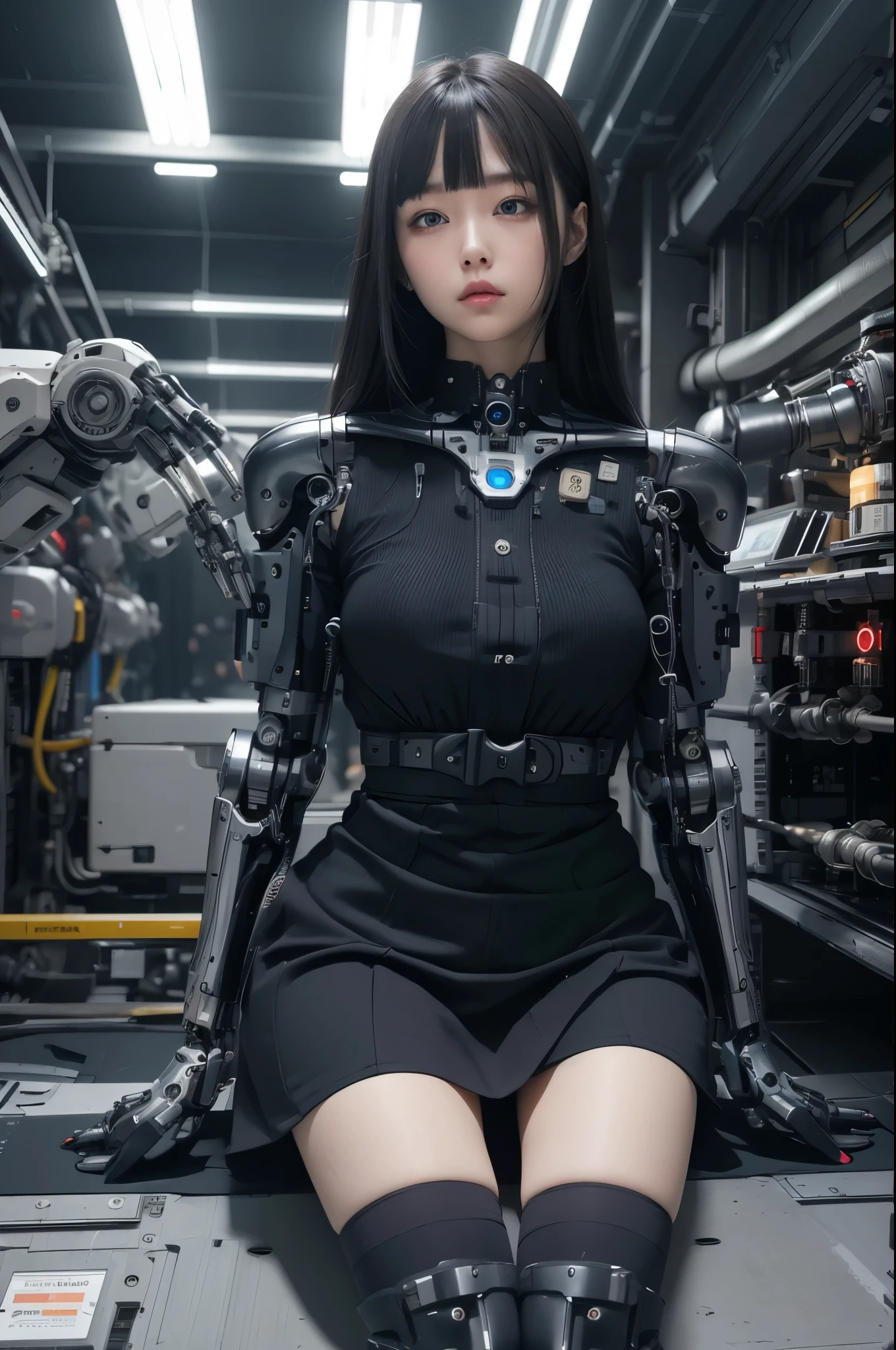 masterpiece, best quality, extremely detailed,8k portrait,Japaese android girl,Plump , control panels,android,Droid,Mechanical Hand, Robot arms and legs, Black hair,Blunt bangs,perfect robot girl,long tube,thick cable connected her neck,android,robot,humanoid,cyborg,japanese cyborg girl ,future laboratory,connecting a cable between the legs,skirt, high socks,(blue eyes:1.5)
