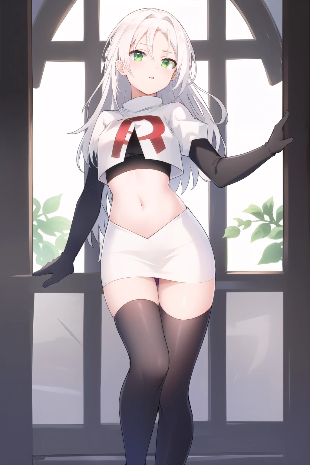 masterpiece, best quality,solo,white hair, green eyes,long hair, team rocket,team rocket uniform, red letter R, white skirt,white crop top,black thigh-highs,black elbow gloves