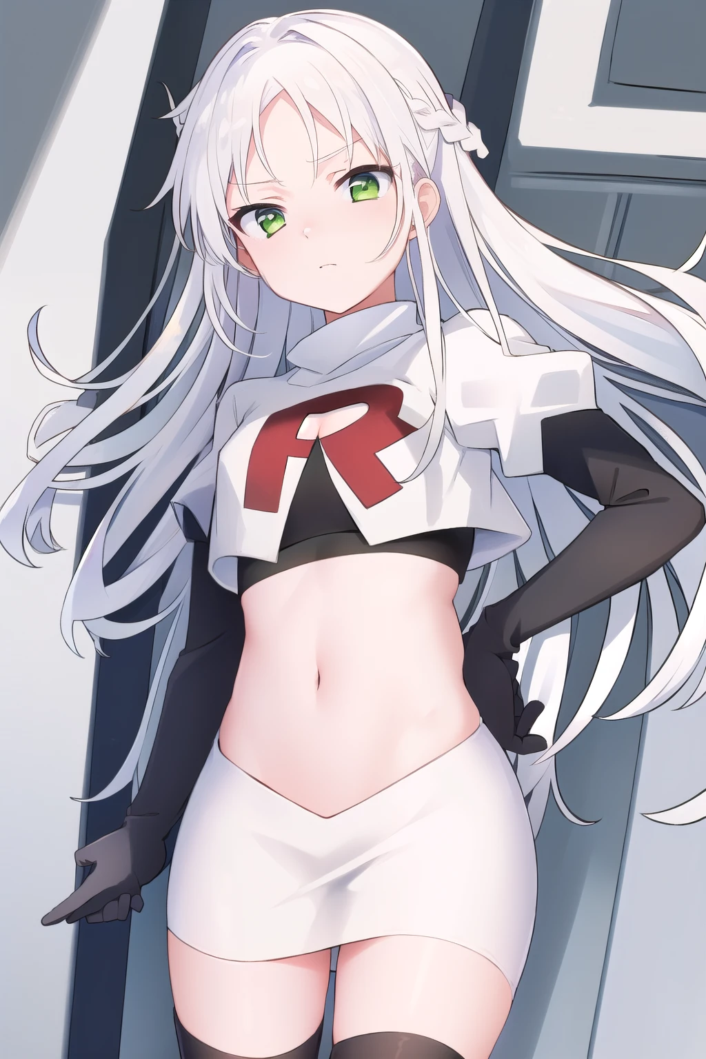 masterpiece, best quality,solo,white hair, green eyes,long hair, team rocket,team rocket uniform, red letter R, white skirt,white crop top,black thigh-highs,black elbow gloves