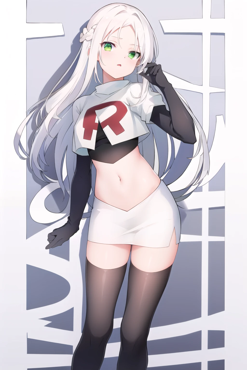 masterpiece, best quality,solo,white hair, green eyes,long hair, team rocket,team rocket uniform, red letter R, white skirt,white crop top,black thigh-highs,black elbow gloves
