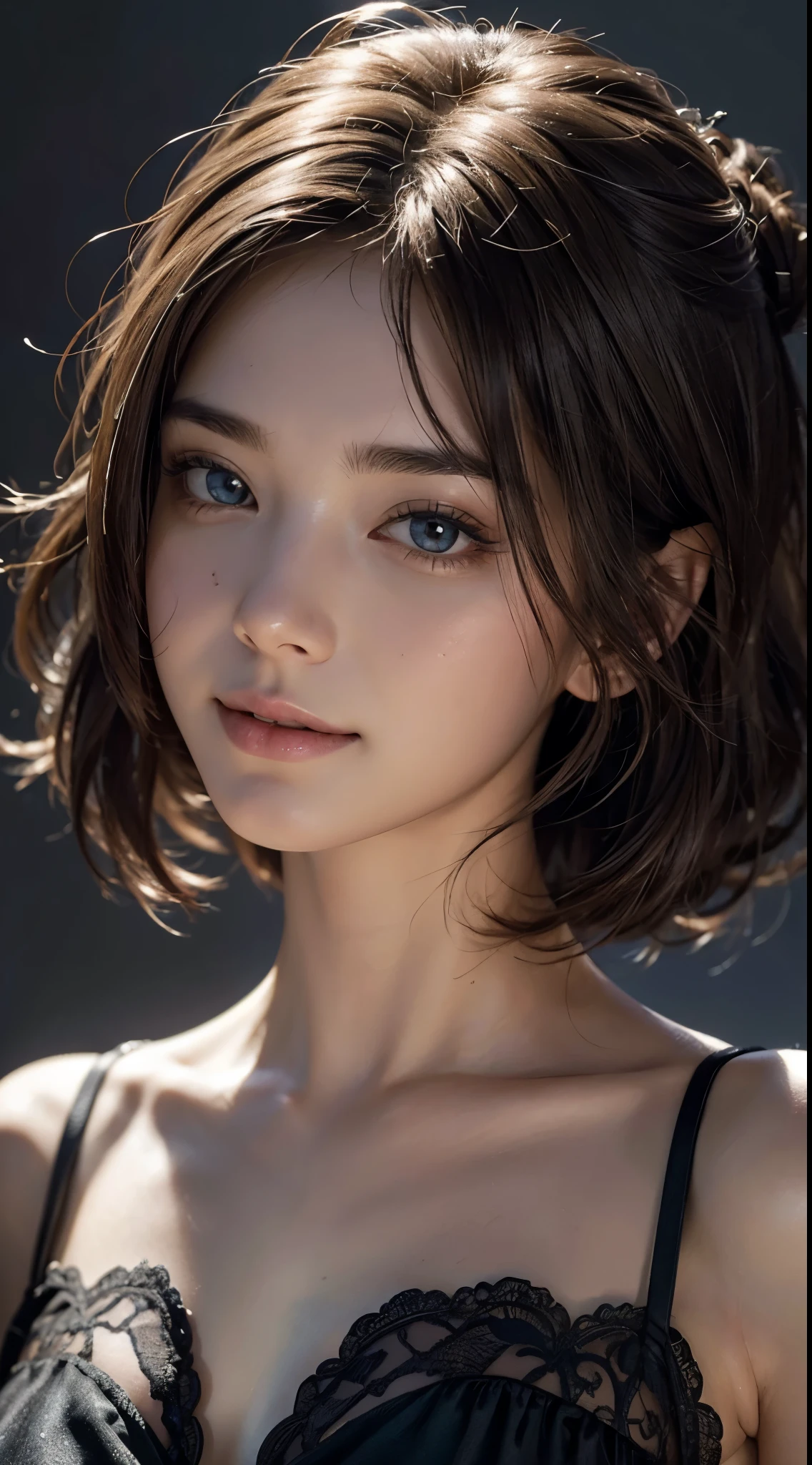 (Ultra Realistic), (Illustration), (Increased Resolution), (8K), (Extremely Detailed), (Best Illustration), (Beautiful and Detailed Eyes), (Best Quality), (Ultra Detailed), (Masterpiece ), ( wallpaper), (detailed face), solo, 1 girl, looking at viewer, fine details, detailed face, in the dark, deep shadows, low key, pureerosfaceace_v1, smiling, short hair, pink bun hair, 46 points oblique bangs