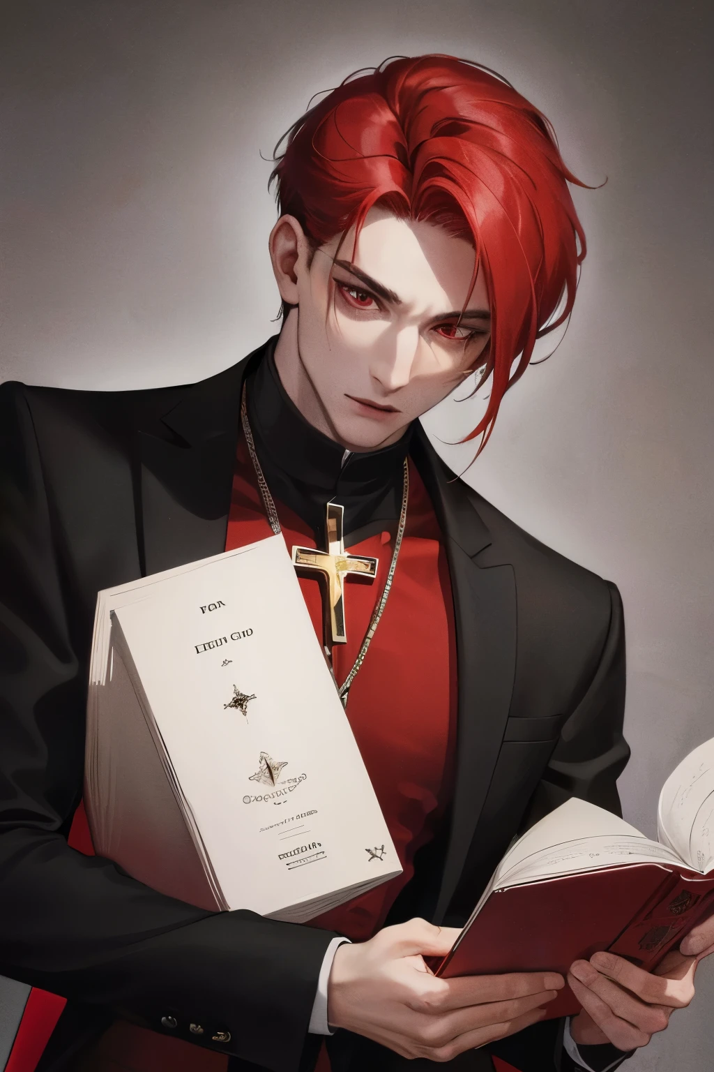 cover for a book, photography of a sexy demon man, a solo man, (((man))), (masculine face), 25 years old, priest, big bad boy, (red eyes), expressive look, buzz cut red hair, (((dark background))), shine hair, unshaven, teacher suit, holding cross, super detailed face, perfect body, perfect shapes, realistic image, award winning photography, 8k,