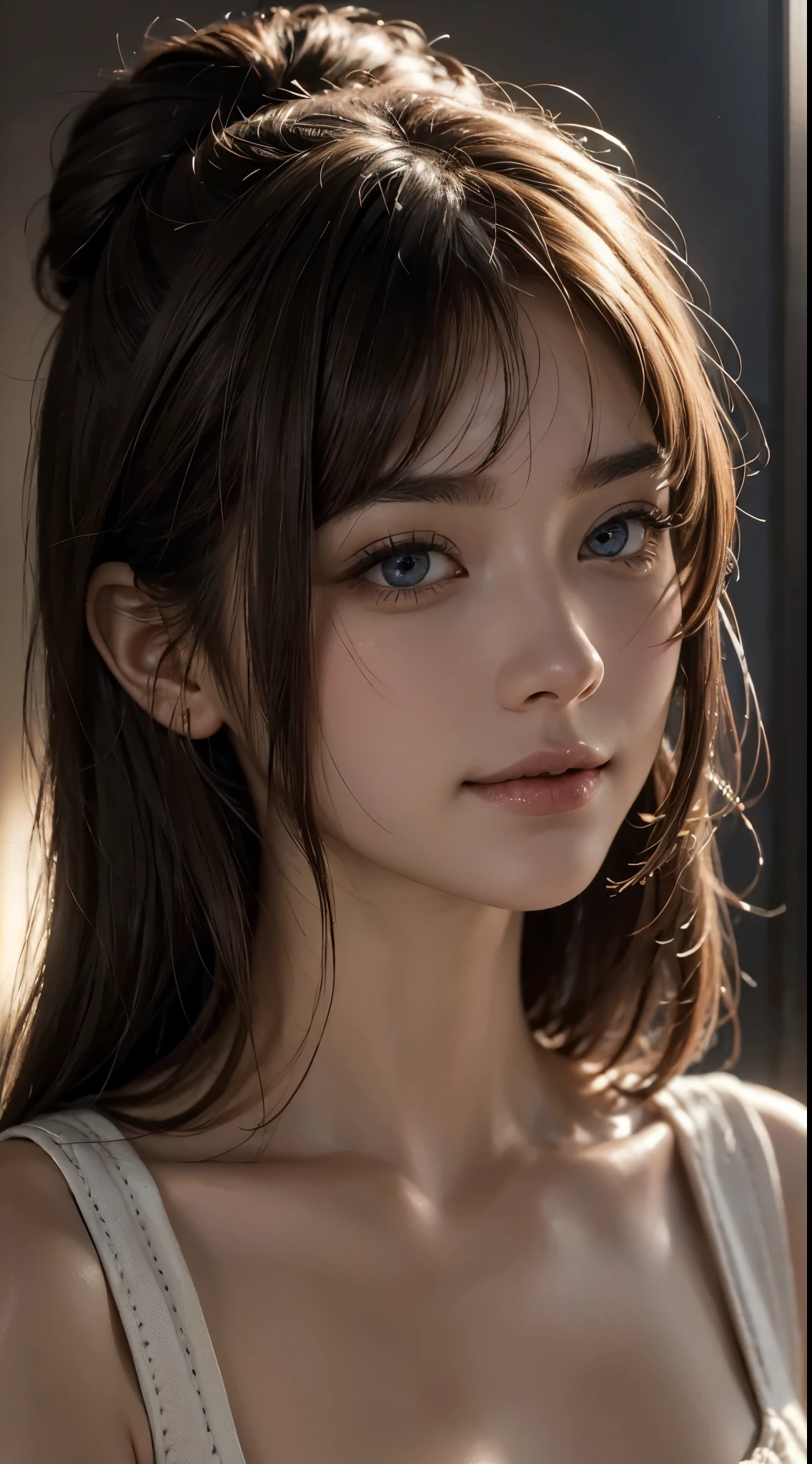 (Ultra Realistic), (Illustration), (Increased Resolution), (8K), (Extremely Detailed), (Best Illustration), (Beautiful and Detailed Eyes), (Best Quality), (Ultra Detailed), (Masterpiece ), ( wallpaper), (detailed face), solo, 1 girl, looking at viewer, fine details, detailed face, in the dark, deep shadows, low key, pureerosfaceace_v1, smiling, short hair, pink bun hair, 46 points oblique bangs