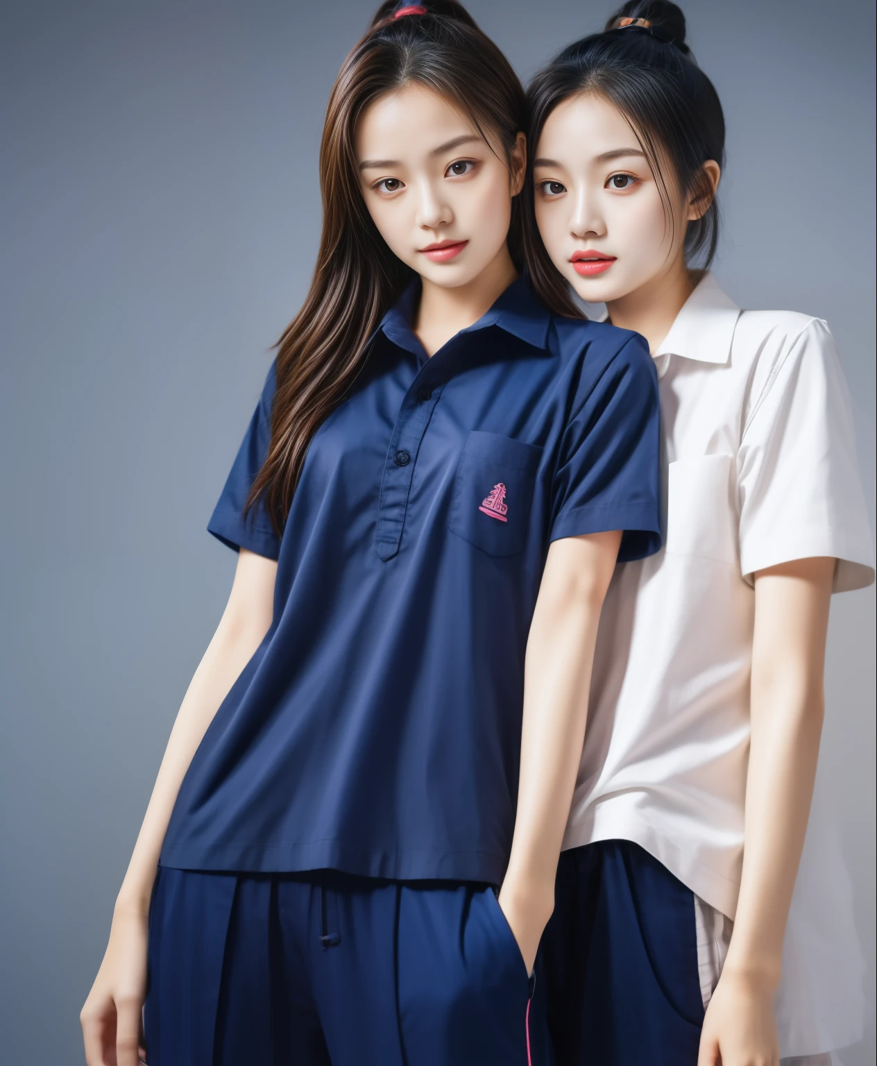 (best quality,10,10,height,Masterpiece:1.2),Special details,(realistic,ภาพrealistic,Realistic photos:1.37),1 Cute girl in the kitchen,shiny, ผิวshiny,only,smile softly,BDclothelue shirt:1.3)),short sleeve,shirt, กางเกงขาlong.,(navy_long_track pants:1.1), ((Kitchen Background)),Dynamic angle,excited,Face focus,dynamic poses,from behind,focus on ass,Masterpiece, best quality, ultra realistic, Too many details, 8k resolution, raw photos, Sharp focus, ((Navy blue shirt:1.1)), short sleeve, เส้นทางlong, perfect body, 2 mature women, 18 years old, Cinema-grade lighting system,blue sweatpants,shirtผ้าออกกำลังกาย,correct anatomy,perfect body, correct body, Sharp face, correct bodyทางกายวิภาค, full body, realistic gestures, long-haired, realistic poses,Wear long shorts...........................,ช่วงขาlong,Good shape,carved girl, Slender figure, model, Good shape, beautiful body,blue sweatpants, two girls kissing