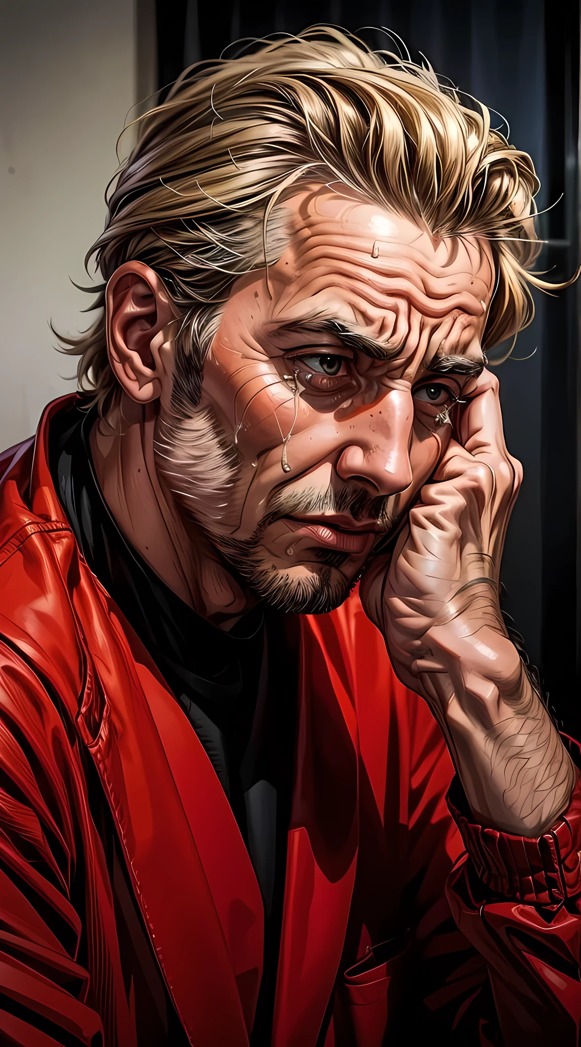 O homem chorando muito