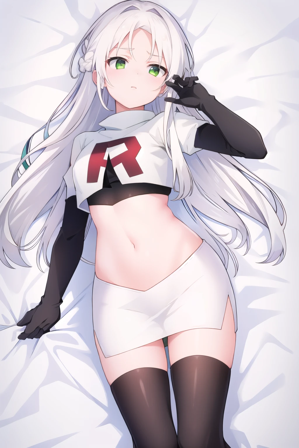 masterpiece, best quality,solo,white hair, green eyes,long hair, team rocket,team rocket uniform, red letter R, white skirt,white crop top,black thigh-highs,black elbow gloves