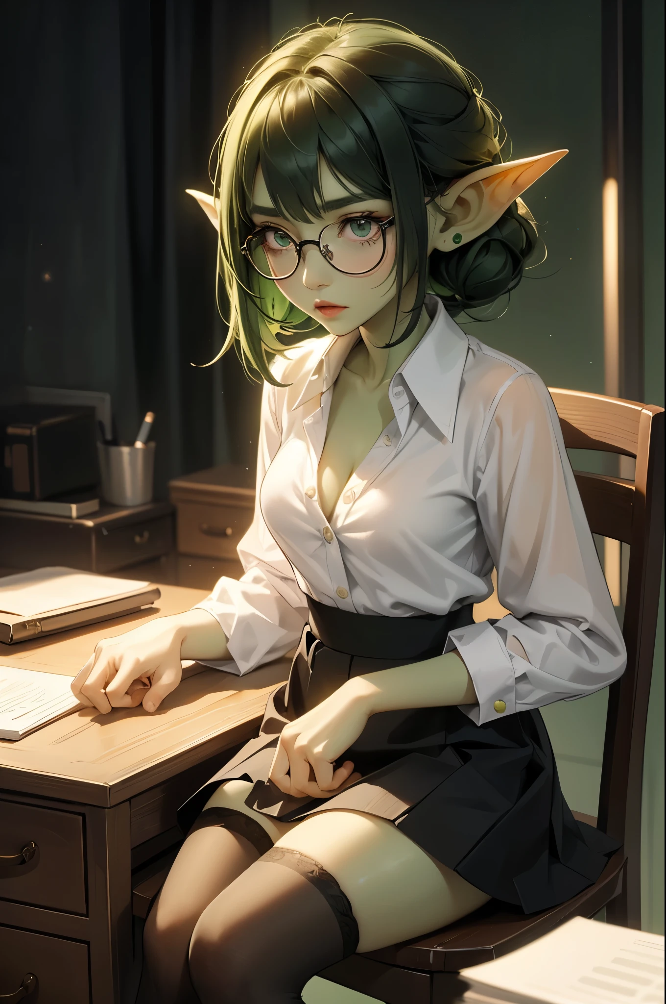 ((best quality)), ((masterpiece)), (detailed), perfect face, very girl wearing white button down shirt and black skirt, green skin, pointy ears, wearing black thigh high stockings, and black pumps, very shy, sitting in an office chair, dark room with single desk lamp,visible, tiny breasts, wearing black rimmed glasses, short dark green hair, cleavage