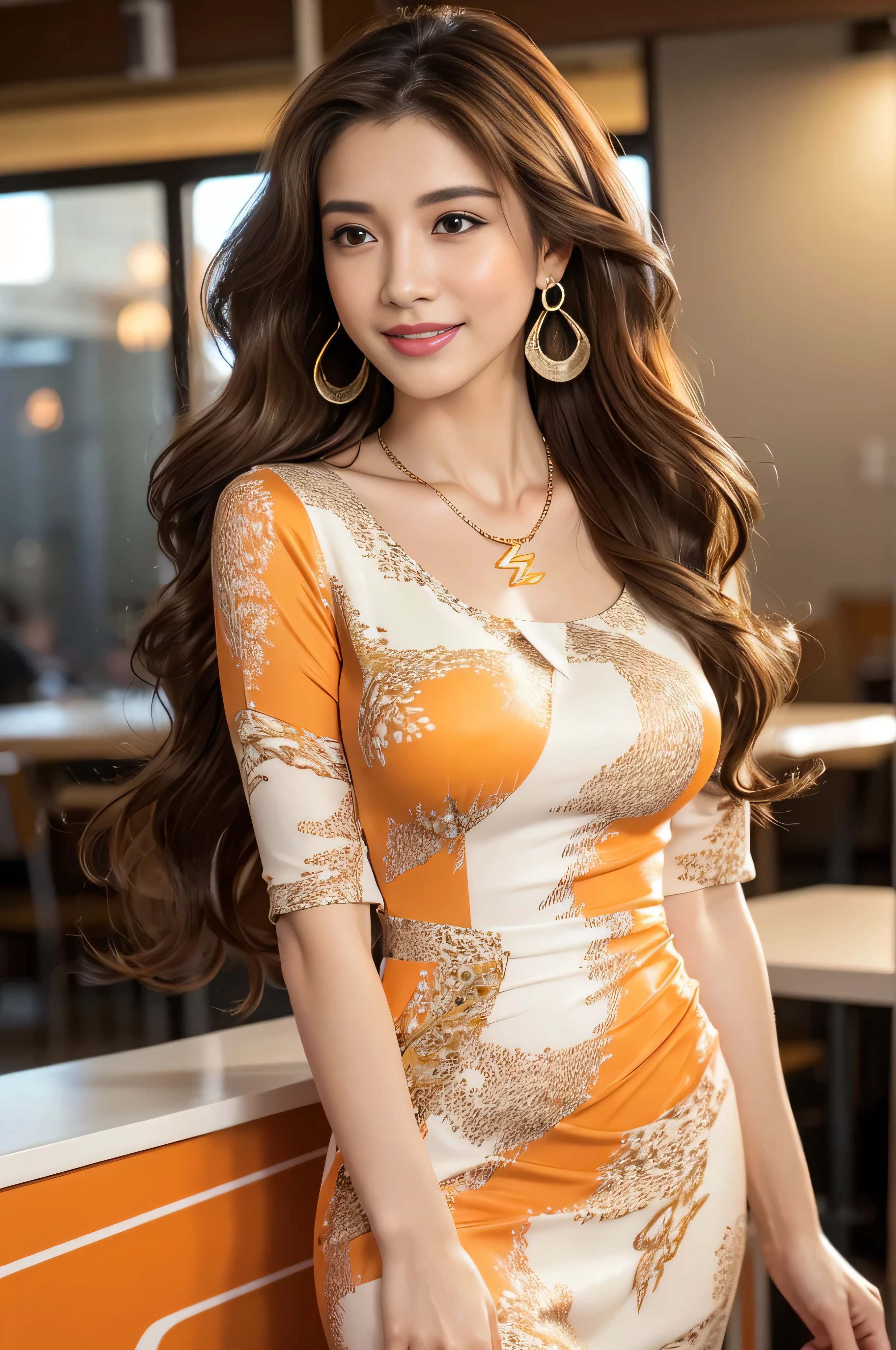 pieces fly, highest quality, realistic, Super detailed, finely, High resolution, 8k wallpaper, one beautiful woman,, sharp focus, perfect dynamic composition, detailed and beautiful eyes, fine hair, Detailed and realistic skin texture, smile, close-up portrait, model body shape,((Hair with loose waves on the inside:1.2)),((gold necklace_Larger earrings:1.2)),((Super long brown hair:1.2))((shy smile:1.3)),In a crowded cafe at sunset、full body shot、(standing full body figure supermodel, put the whole body in the frame))、((fancy orange and white printed dress:1.3))、