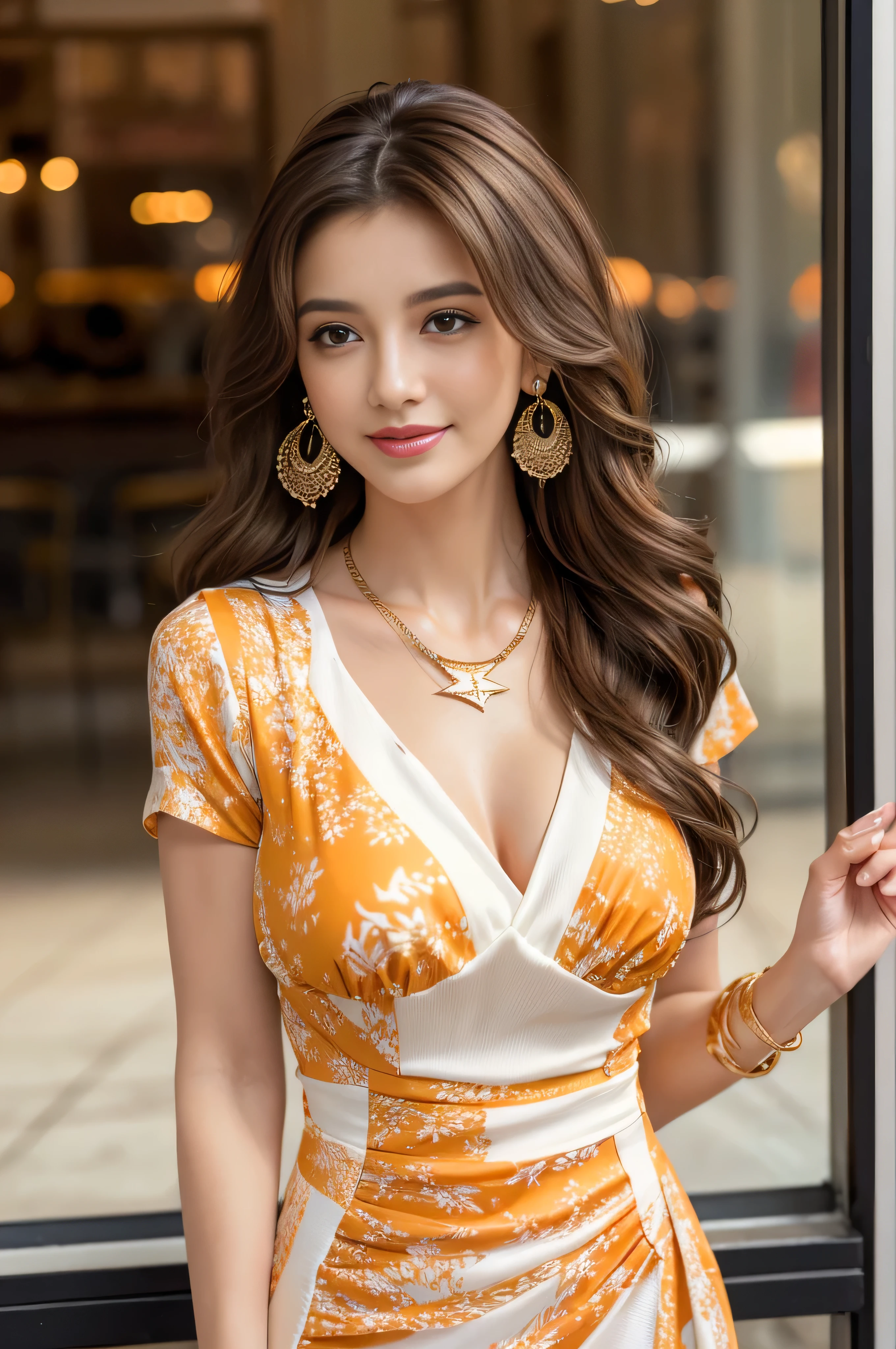 highest quality,masterpiece,ultra high resolution,(actual:1.4),original photo,ultra high resolution,8K,there is a girl,fashion,winter,confident and beautiful,calm temperament,whole body,street,long legs,((Hair with loose waves inside:1.2)),((silver necklace_Large earrings:1.2)),((Super long brown hair:1.2))、((Strongly blurred beautiful office corridor background:1.1)、The most natural and perfect office hallway、perfectly organized hallway、((Flashy orange and white printed dress:1.3))、 (belt:1.3),((shy smile:1.3)),((gold necklace_Large earrings:1.2)),((Angle from directly above:1.1)),
