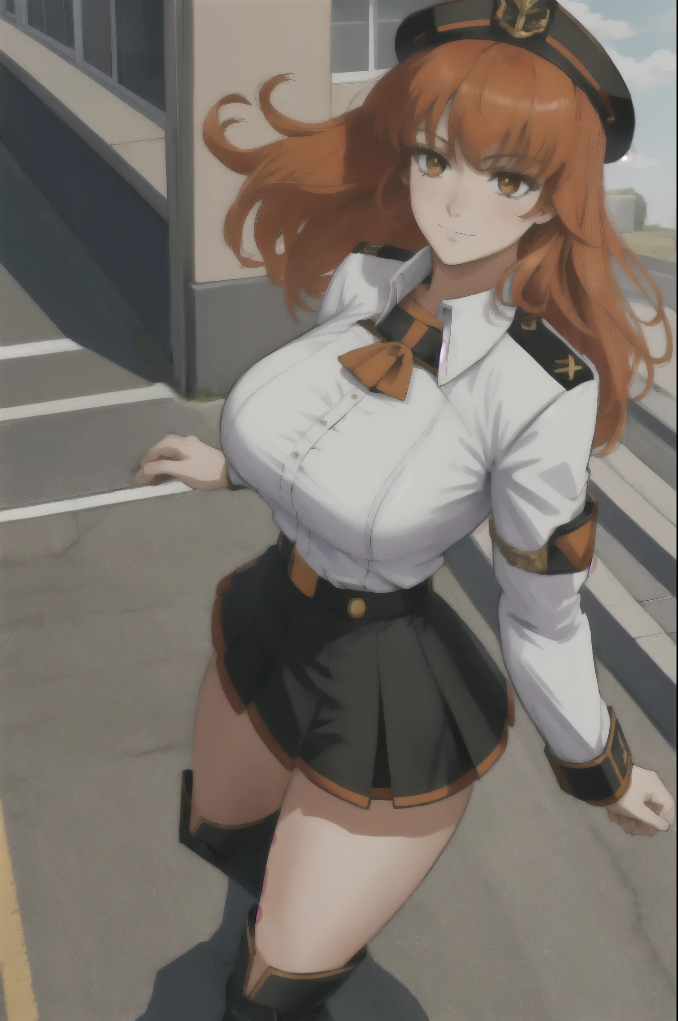 masterpiece, high quality, best quality, 1girl, (muscular female:1.0), (super gigantic breasts:1.0), (closed mouth, half smile), orange hair, hairclip, black militar uniform, skirt, militar hat, black thigh boots, anime screencap, (fully clothed:1.0), full body, celica fe
