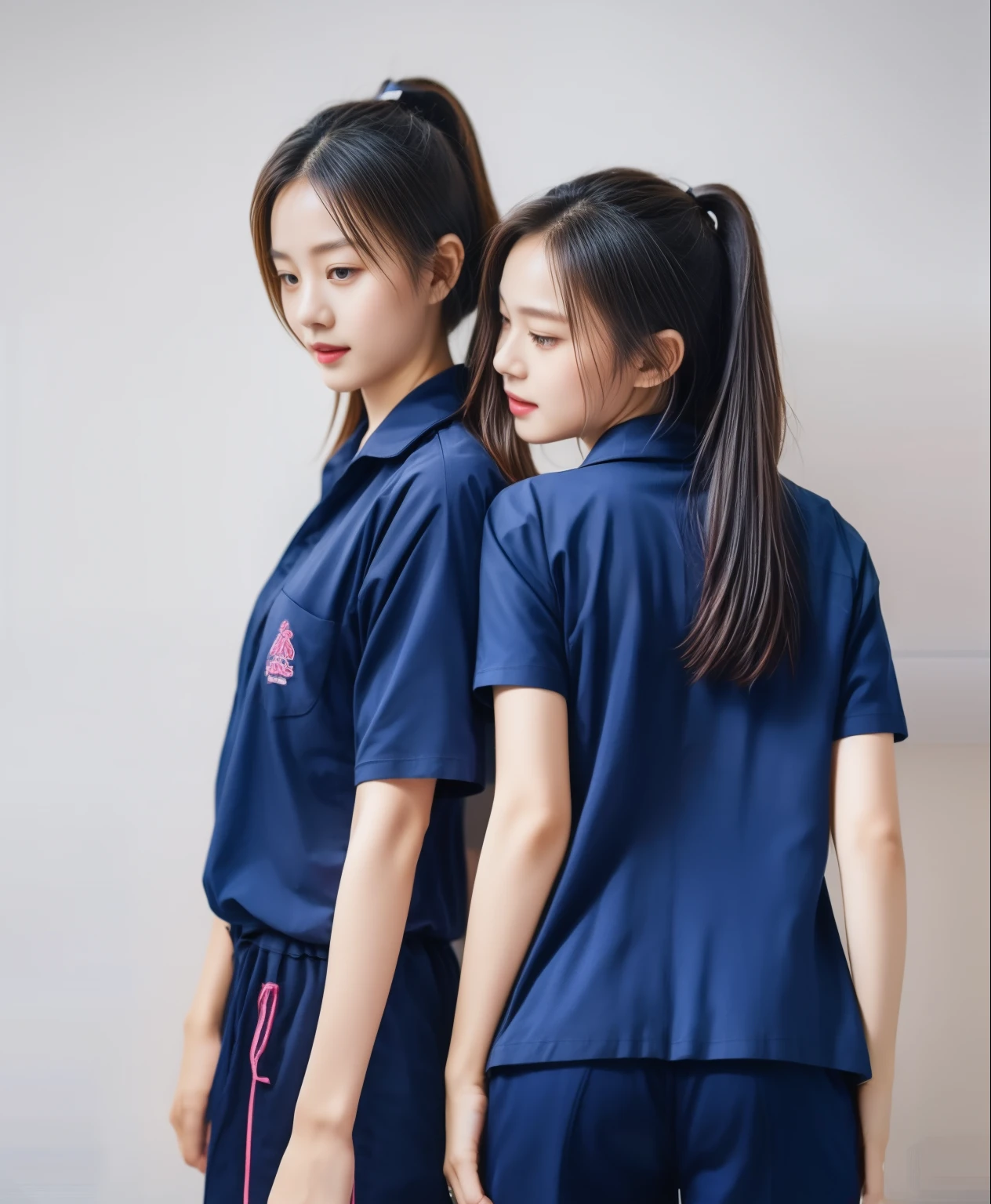 (best quality,10,10,height,Masterpiece:1.2),Special details,(realistic,ภาพrealistic,Realistic photos:1.37),1 Cute girl in the kitchen,shiny, ผิวshiny,only,smile softly,BDclothelue shirt:1.3)),short sleeve,shirt, กางเกงขาlong.,(navy_long_track pants:1.1), ((Kitchen Background)),Dynamic angle,excited,Face focus,dynamic poses,from behind,focus on ass,Masterpiece, best quality, ultra realistic, Too many details, 8k resolution, raw photos, Sharp focus, ((Navy blue shirt:1.1)), short sleeve, เส้นทางlong, perfect body, 2 mature women, 18 years old, Cinema-grade lighting system,blue sweatpants,shirtผ้าออกกำลังกาย,correct anatomy,perfect body, correct body, Sharp face, correct bodyทางกายวิภาค, full body, realistic gestures, long-haired, realistic poses,Wear long shorts...........................,ช่วงขาlong,Good shape,carved girl, Slender figure, model, Good shape, beautiful body,blue sweatpants, two girls kissing
