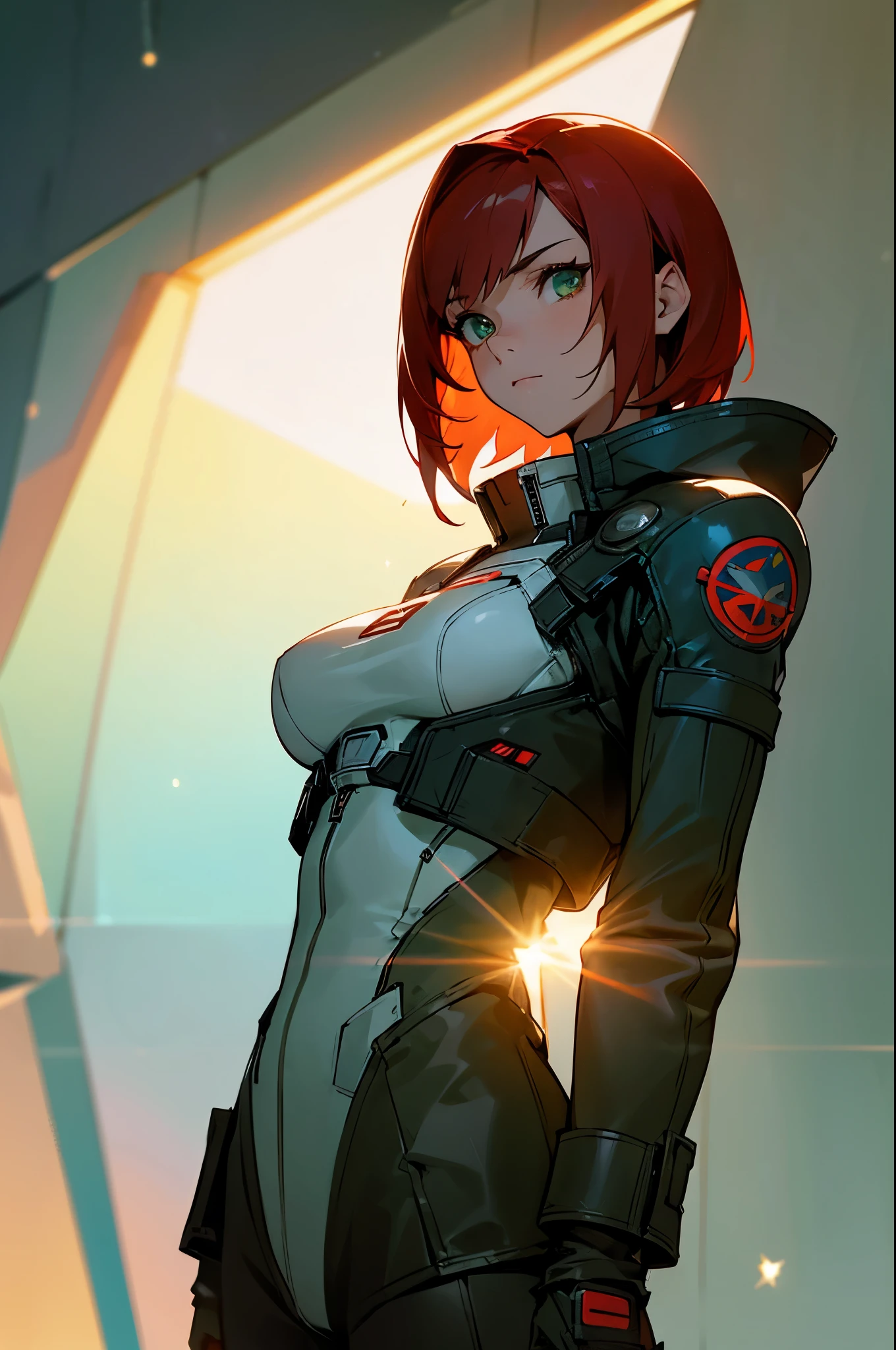 ((Best quality)), inside spacestation, looking out into space, Female shepard from mass effect series, short red hair, pale green eyes, muscular build, wearing casual clothes, leather jacket, open jacket,, looking towards from viewer, staring out into space, stars, sun, sun flare, side shot, young male