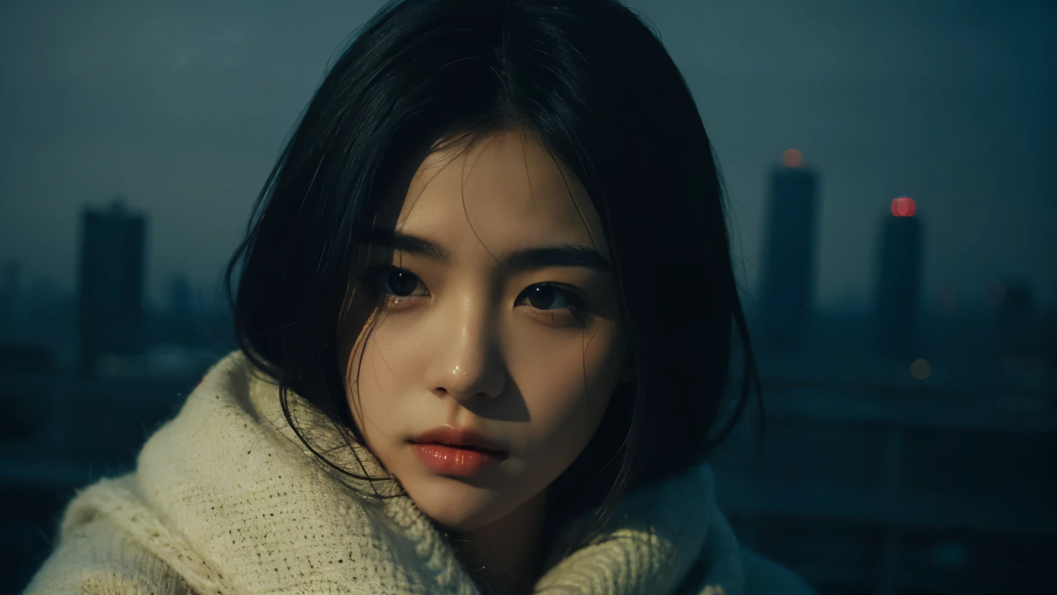 1 girl, detailed face, Ruined Tokyo, A dreamy dark day, foggy atmosphere, Faint accent lights, masterpiece, highest quality, Super detailed, realistic, Raw photo