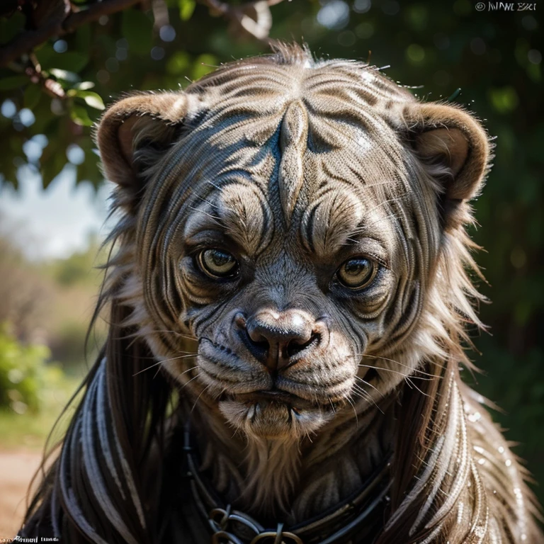 A captivating image of a whimsical, strange, friendly, lovely and wonderful animal, this nature photo showcases the creature's unique features in ultra-realistic detail. The portrait-style shot immerses you in the intricacies of its coat, revealing every hair standing out against the lush, vibrant background. The maximum details are extended to its expressive eyes, capturing a sense of curiosity and charm not often found. The extreme detailing extends to its textured nostrils and wrinkled skin, bringing the creature to life as if in person. The schillerndes Tier (shimmering animal) is a true masterpiece worthy of being admired. Ultra high resolution,
