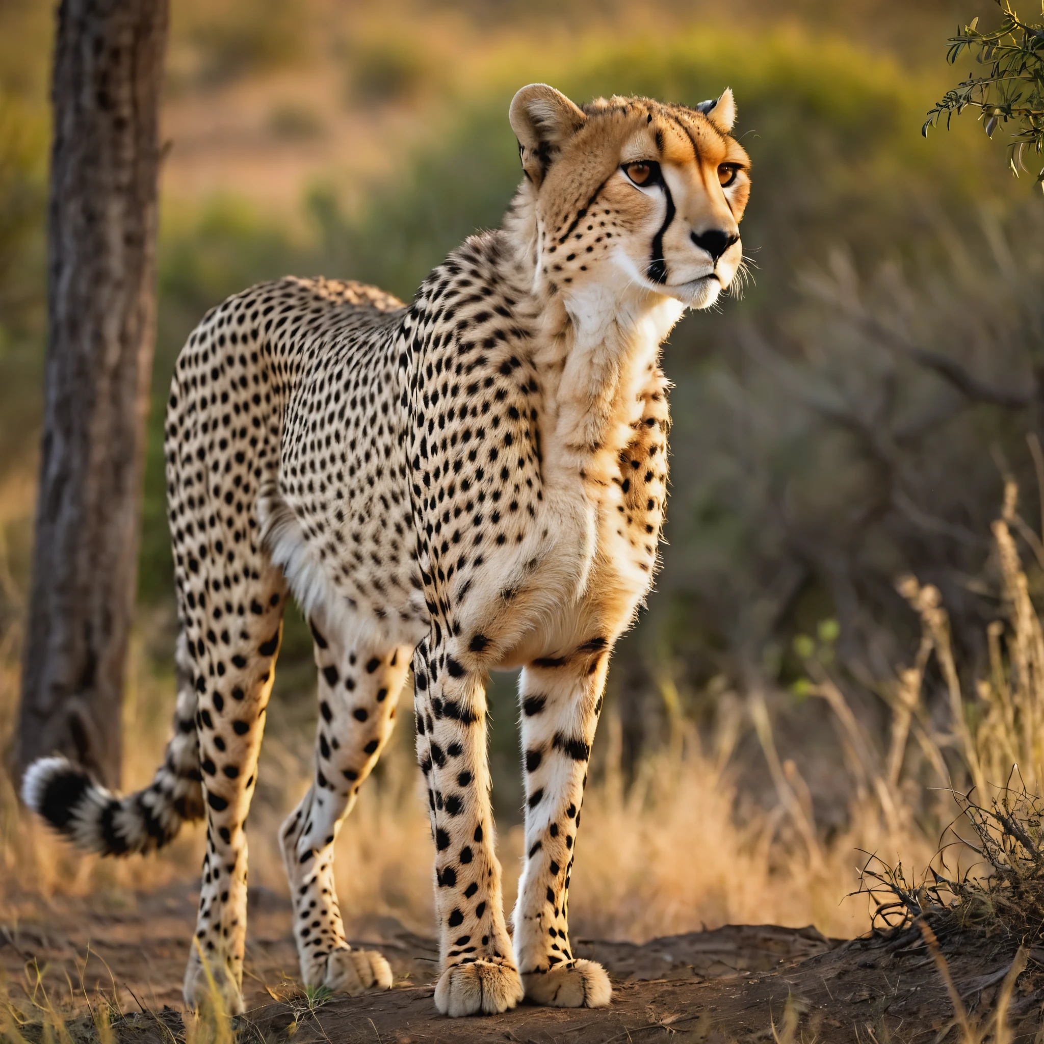 there is a cheetah standing in the middle of the forest, cheetah, humanoid cheetah, by Juergen von Huendeberg, dappled in evening light, by Dietmar Damerau, proud looking, amazing beauty, by Peter Churcher, in profile, on the african plains, well focused, bushveld background, proud looking away